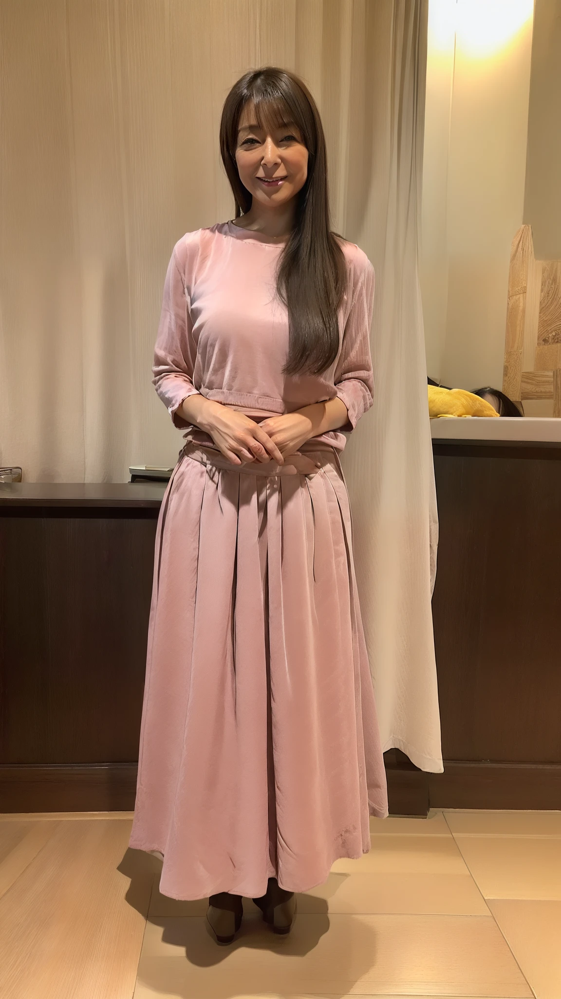 ((Top Quality)), ((8K)), ((Masterpiece: 1.3)), (Perfect Appearance), (Photorealism: 1.6), (Japanese Woman Walking in the Alley at the End of the Market), (Shinjuku Golden at Night City: 1.4), (Bar area: 1.2), (Precise background), Japanese mature woman, (60 years old), (Japanese mature woman with flexible movements1.2), ((upright, front, center of screen)), ((realistic skin texture)), (fine wrinkles throughout the skin), (dullness of the skin), (moisture ( Wrinkles on the face), (wrinkles at the corners of the eyes), double eyelids, tear bags on the lower eyelids, eyes turned towards you, a smile with the corners of the mouth raised wide, short bangs, straight medium hair, long hair, hair blowing in the wind, (Fashionable and sexy soft color shirt and long skirts: 1.4), (long skirts), (full body portrait: 1.4),