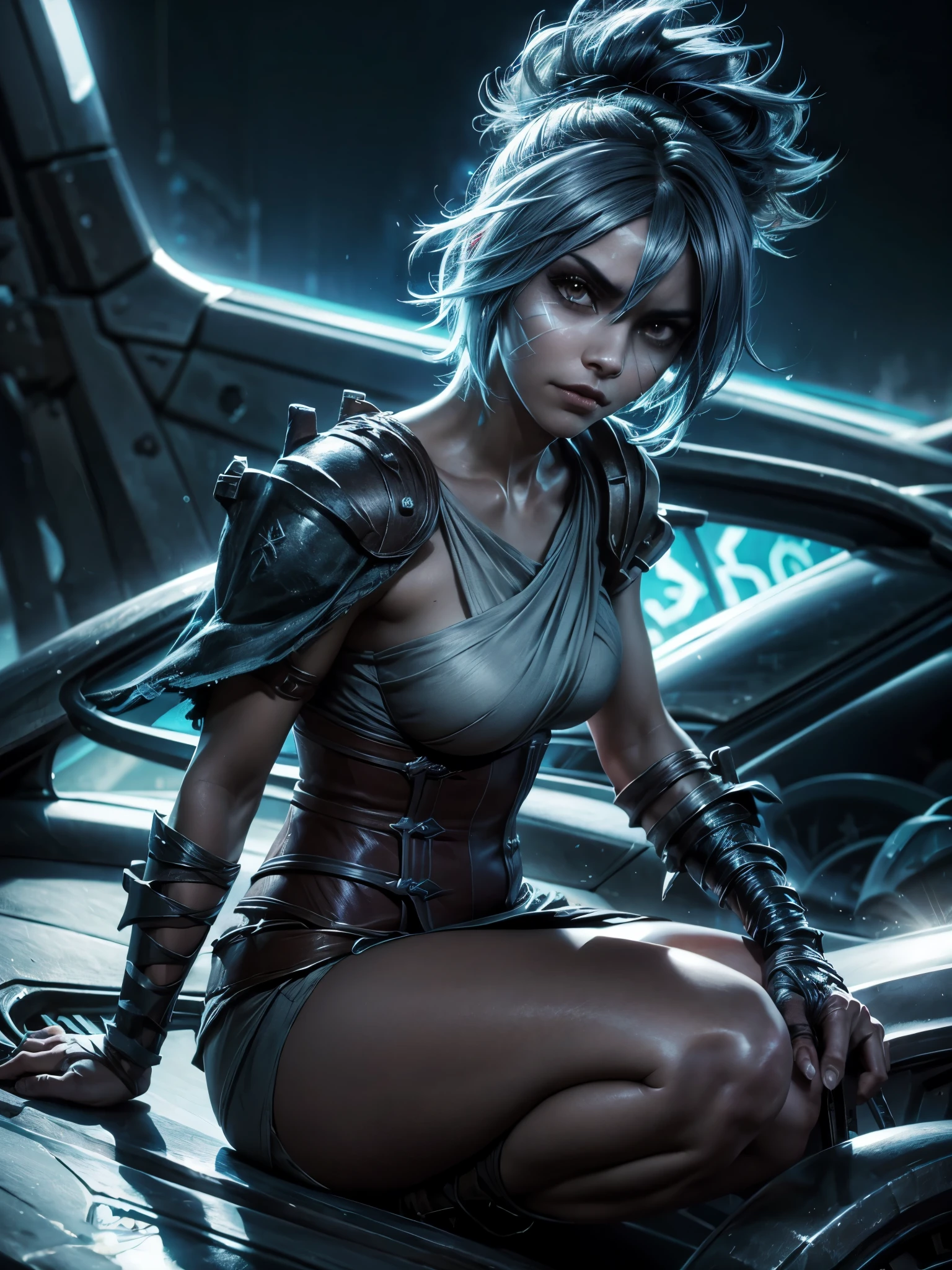 Riven de league of legends, ciudad dark colors blue , blue. cinematica. hd. arriba de un coche. sad cara de loca, sad, triste, sonrisa de loca