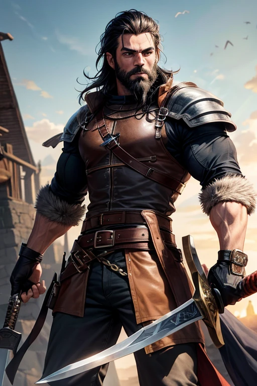 30-year-old man, slim build, muscular, medieval adventurer costume, black hair, black beard, with a large sword in his hand, black eyes.