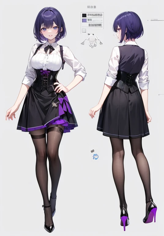 Purple hair,short cut hair,Adult female,(Bartender),((Rolling up your sleeves shirt)),(Corset),(Tight skirt),(high heels),The heel is visible,((Simple background)),Smile,((Full body)),((whole body)),Character Sheet,