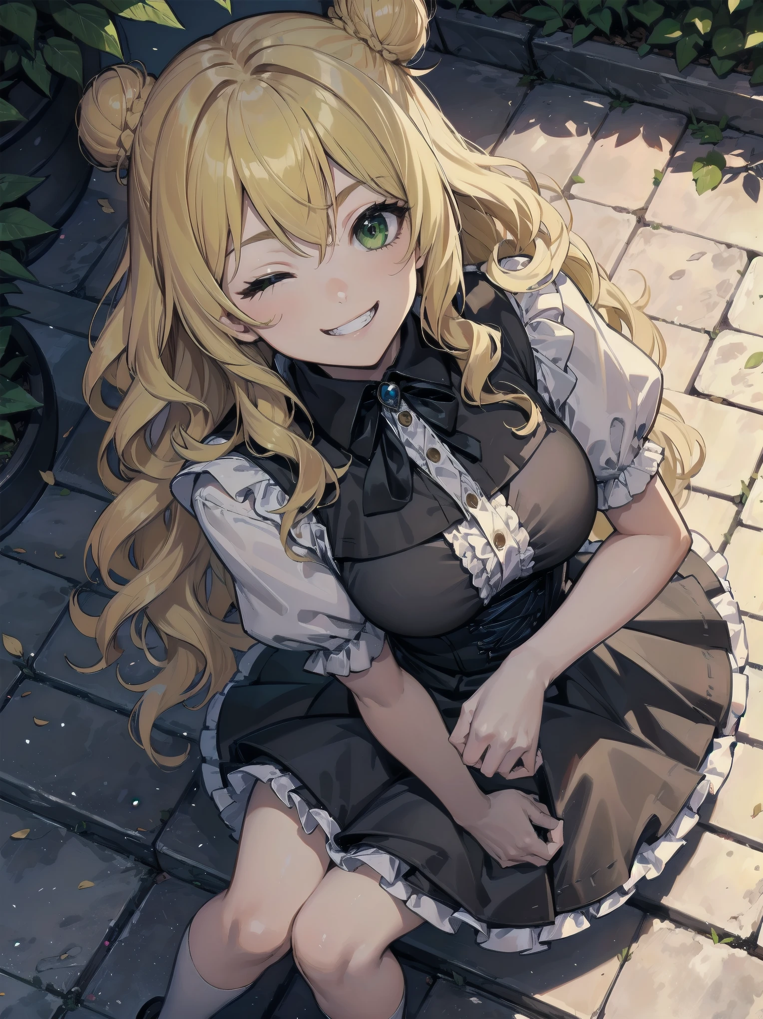 Masterpiece, Top Quality, One Girl, Solo, (Masterpiece: 1.2), (Top Quality: 1.2), Perfect eyes, perfect face, perfect lighting, sunlight, outdoors, marquis mansion, one girl, blonde hair, yellow-green eyes, one eye closed, (((wavy hair))), bun head, medium hair, ((gothic maid)), Cute eyes, closed mouth, ((from above)), ((front)), ((open legs)), ((grin)), cute pose.