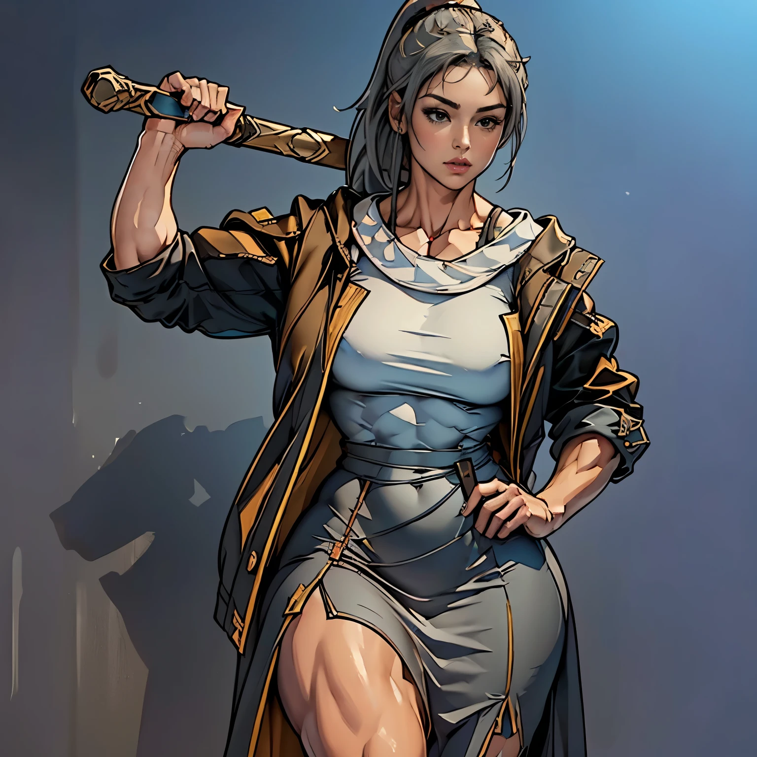 (best quality,4k,8k,highres,masterpiece:1.2),ultra-detailed,(realistic,photorealistic,photo-realistic:1.37),pixel art,1girl,greyhair,ponytail,jacket, dress,muscular female,simple gold color background,