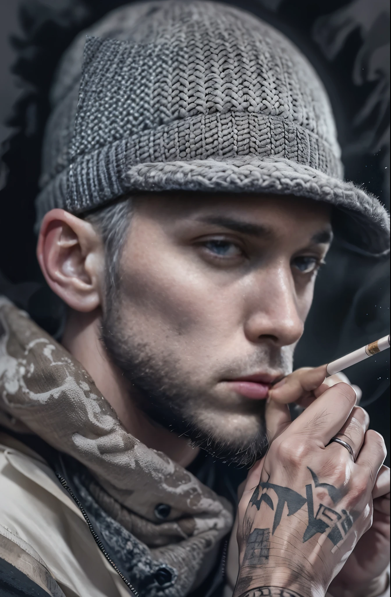 White man painting, Dark Background, Knitted hat, Glory and failure, put a cigarette in your mouth, Eminem, The King of Hip Hop, Charismatic Rapper, Chop the lime, Losing sight of yourself, Award-winning works, top 6 best movie ever imdb list, imdb, 0 0 second movies, promotional Movie Posters, Chris Nolan&#39;s movies, Movie Posters promo, Movie Posters, bestselling Movie Posters, top 6 worst movie ever imdb list, Eminem, Promoting the film, Cool Street Fashion, King of the Streets, Check it out, Ultra-detailed paintings inspired by oh, Art Station Trends, Fantasy art, A complex mess, The art of hitting, Wallop Art, oh |, Wallop Style, Beautiful character drawings, Urop&#39;Painting style, oh | The buds of art, Unparalleled Beauty Tumbler, Figurative art, intense oil painting, Detailed monochrome art, Surreal, Avant-garde pop art, Beautiful and expressive paintings, Beautiful artwork illustration, Very dark tones, wonderful, Super cool guy, masterpiece, highest quality, Official Art, Men only, Sharp contours, Best Shot, Vector art, Dark design, Esbian all over
