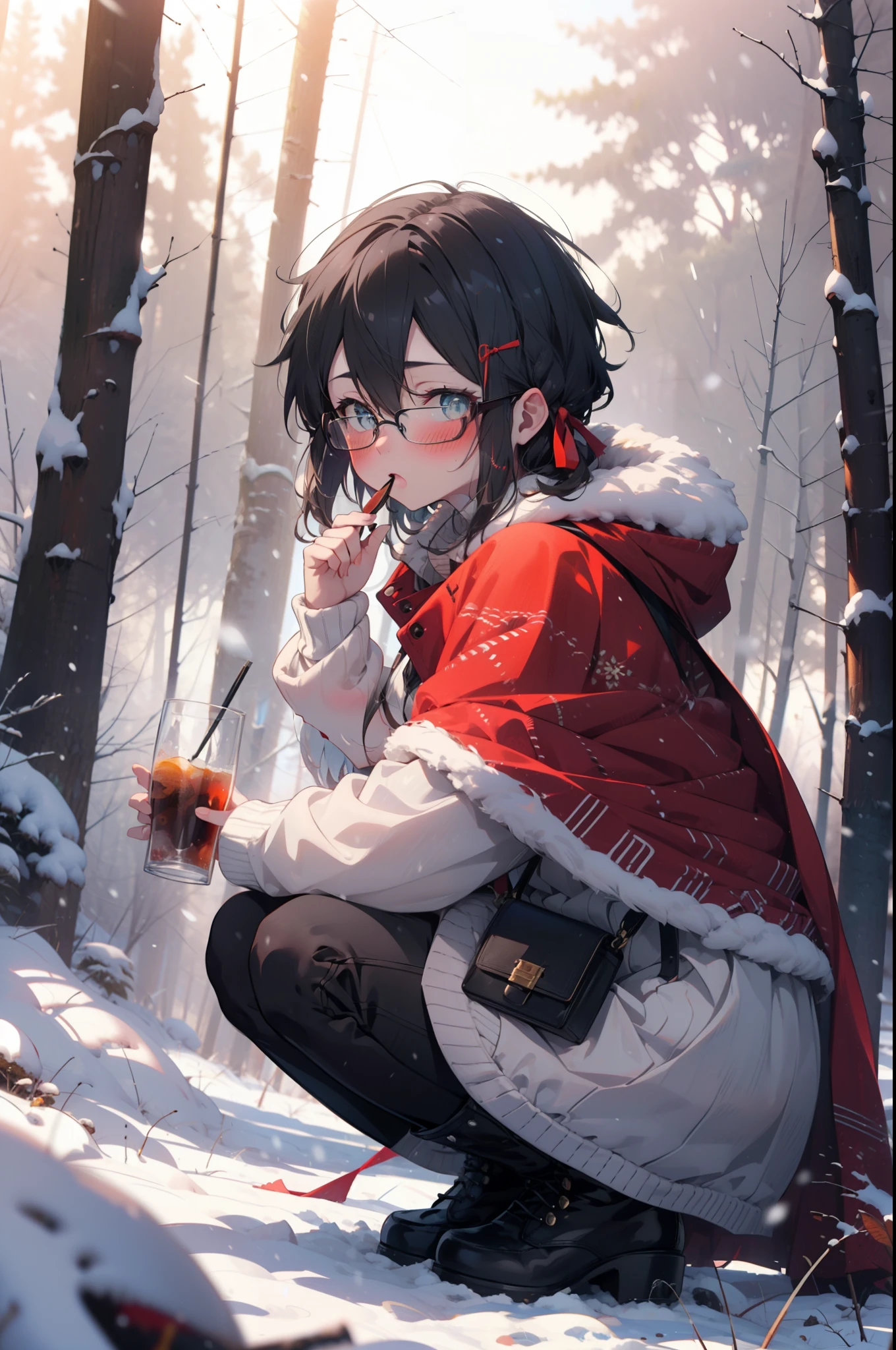 Shino Asada, Shino Asada, (black eye:1.5), Black Hair, Hair between the eyes, Hair Ribbon, short hair, Side Lock, Glasses, (Small breasts:1.2),blush,White Breath,
Open your mouth,snow,Ground bonfire, Outdoor, boots, snowing, From the side, wood, suitcase, Cape, Blurred, having meal, forest, White handbag, nature,  Squat, Mouth closed, Cape, winter, Written boundary depth, Black shoes, red Cape break looking at viewer, Upper Body, whole body, break Outdoor, forest, nature, break (masterpiece:1.2), highest quality, High resolution, unity 8k wallpaper, (shape:0.8), (Beautiful and beautiful eyes:1.6), Highly detailed face, Perfect lighting, Highly detailed CG, (Perfect hands, Perfect Anatomy),