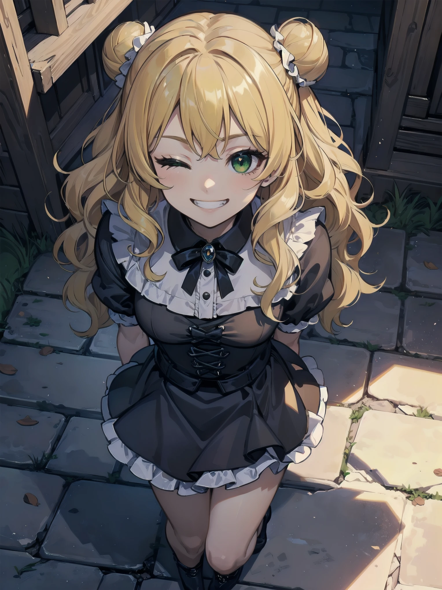 Masterpiece, Top Quality, One Girl, Solo, (Masterpiece: 1.2), (Top Quality: 1.2), Perfect eyes, perfect face, perfect lighting, sunlight, outdoors, marquis mansion, one girl, blonde hair, yellow-green eyes, one eye closed, (((wavy hair))), bun head, medium hair, ((gothic maid)), Cute eyes, closed mouth, ((from above)), ((front)), (()), ((grin)), cute pose.
