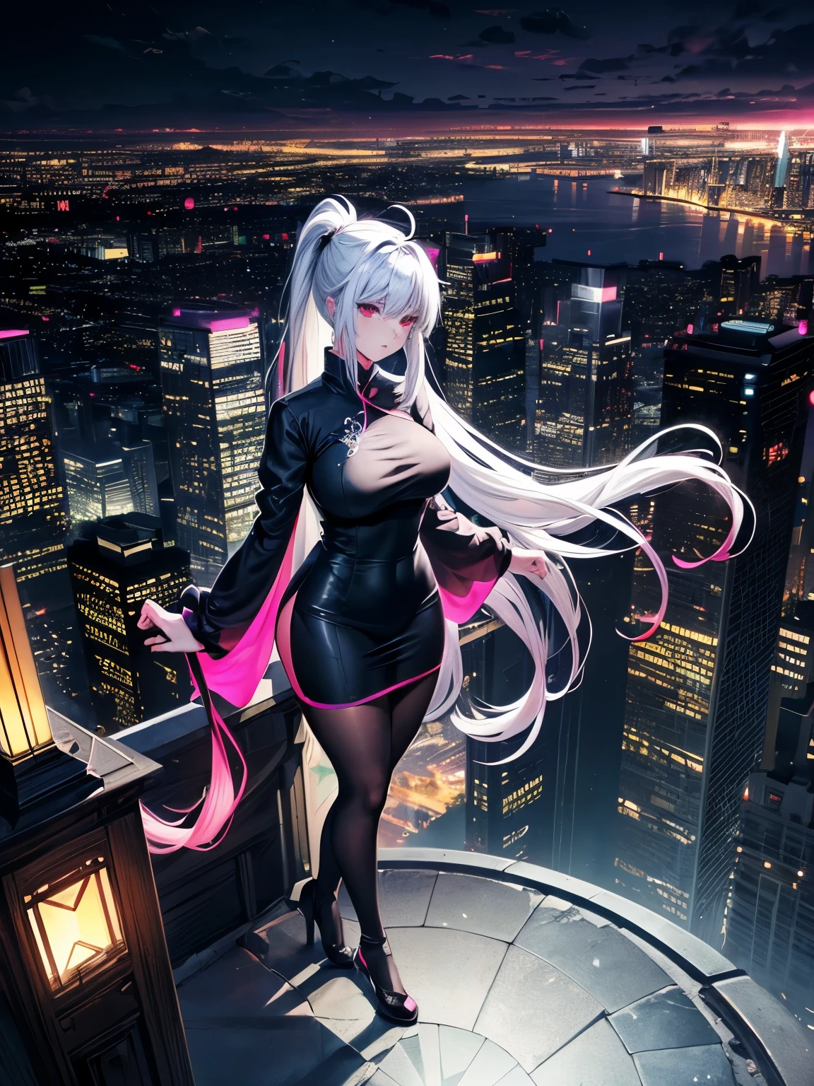anime, (artwork, best quality, ultra-detailed, high contrast), 1 woman (Alone, full body, plus size body, standing on the edge of the skyscraper, silver hair, LONG In a ponytail, red eyes, perfect eyes ruby sparkles, (simple black qipao, black cybernetics with neon pink), transparent black socks), (skyscraper roof, overlooking a city, detailed background ((night time, Darkness, low light pollution)))