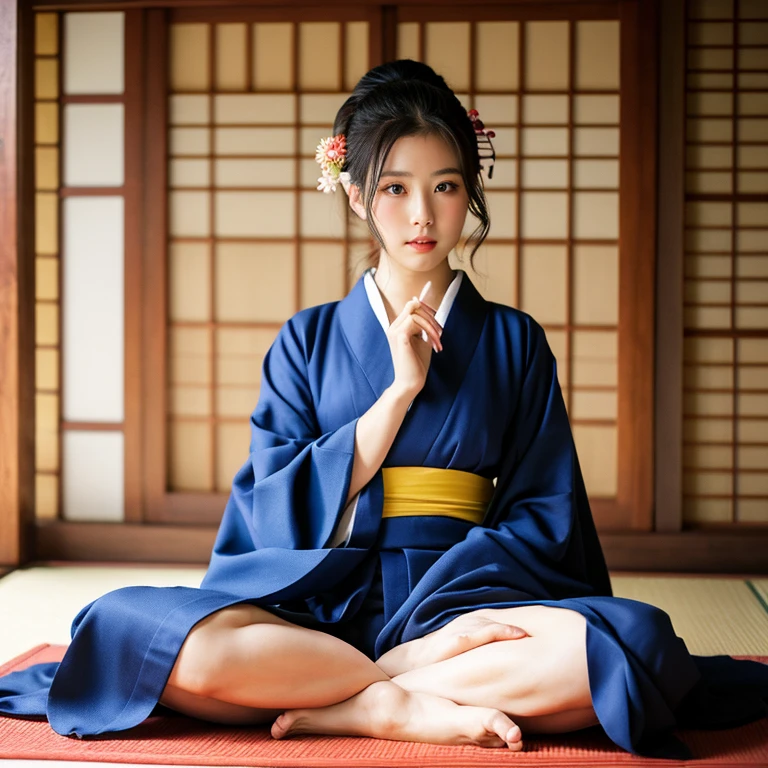 ulzzang-6500-v1.1, (highest quality: 1.3), (masterpiece: 1.3), (super detailed: 1.3), (genuine:1.4), (muste piece), araffe woman in kimono sitting on the floor with a towel over her head, in kimono, Yoshitomo Nara, in kimono, Japanese goddess, sakimichan, traditional beauty, Shunga style, Japanese model, sophisticated gravure idol, shikamimi, beast, Japanese, sexy, sensual, sexual, Put your hands behind you、
