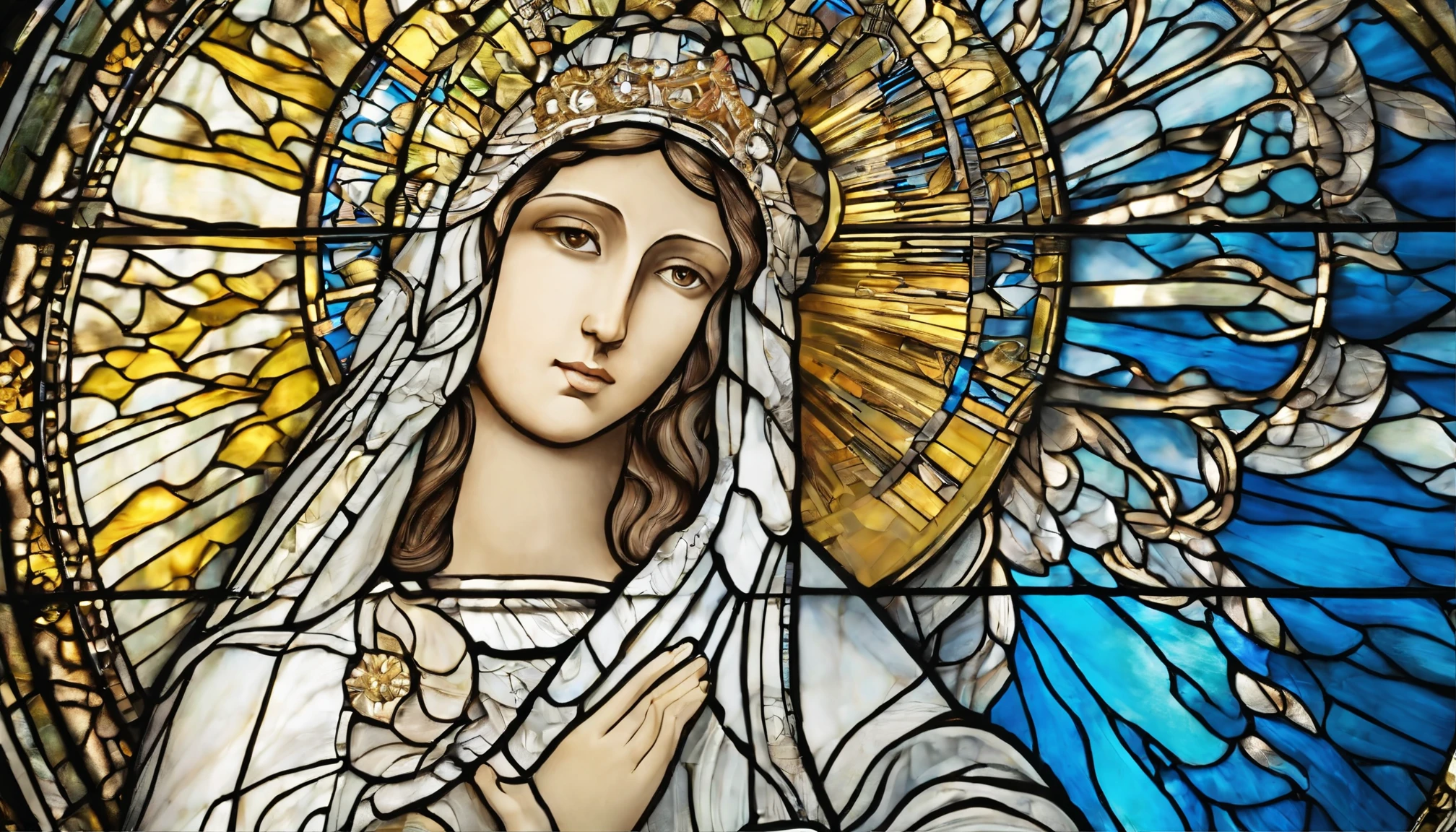 1 , 18 anos, alto, low water, loiro, Bonito, cabelo loiro liso com franja, olhos azuis. White dress with blue command of Our Lady of Grace. Wearing prescription glasses.