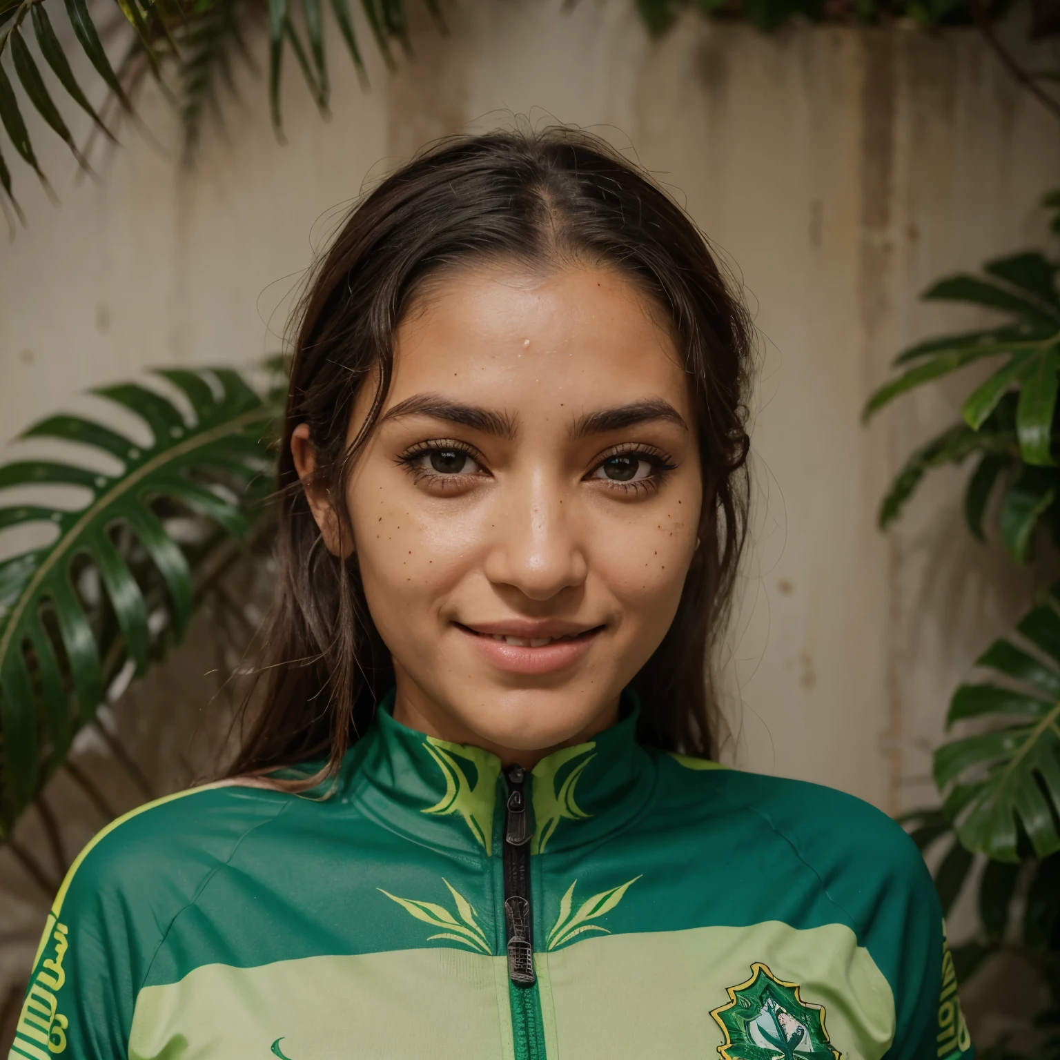 Uma Mulher Aranha com uniforme verde, cabelos azuis escuros, pele morena, a birthmark above the eyebrow, olhos verdes, sorriso fofo. Tem um escudo em suas costas em formato de casca de tartaruga. Pulando em telhado em telhado no Rio de Janeiro.