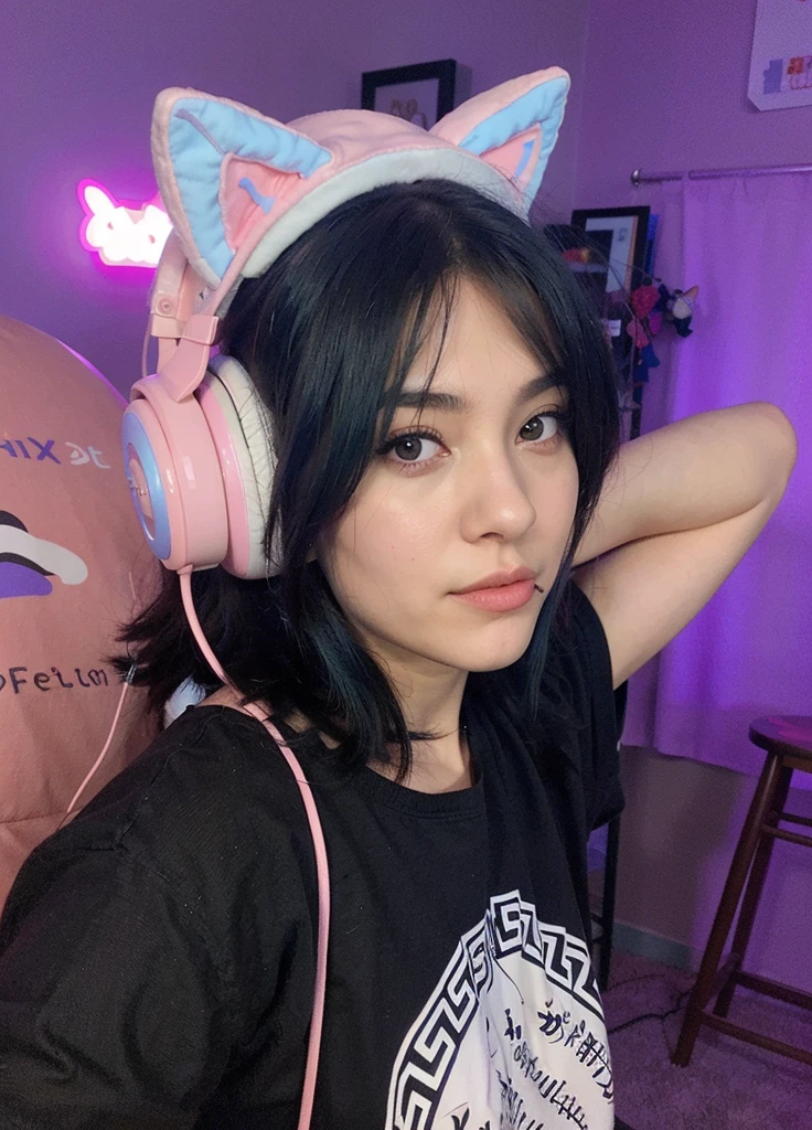 mulher argada com cabelo azul usando fones de ouvido e uma camisa preta, usando fones de ouvido de gato, anime vibes,  com orelhas de gato, using cybernetic bunny ears, com cabelos azuis, Streamer do Twitch, usando um fone de ouvido para jogos, Inspirado em anime, usando fone de ouvido para jogos, mulher com orelhas de gato, half body head shot, player aesthetic, e-menina, E - . Extremamente detalhada, She's sitting on her back in a gaming chair more than to see his face, The chair is half facing the camera; ( extremamente detalhado) Anime 4K traces high quality of details
