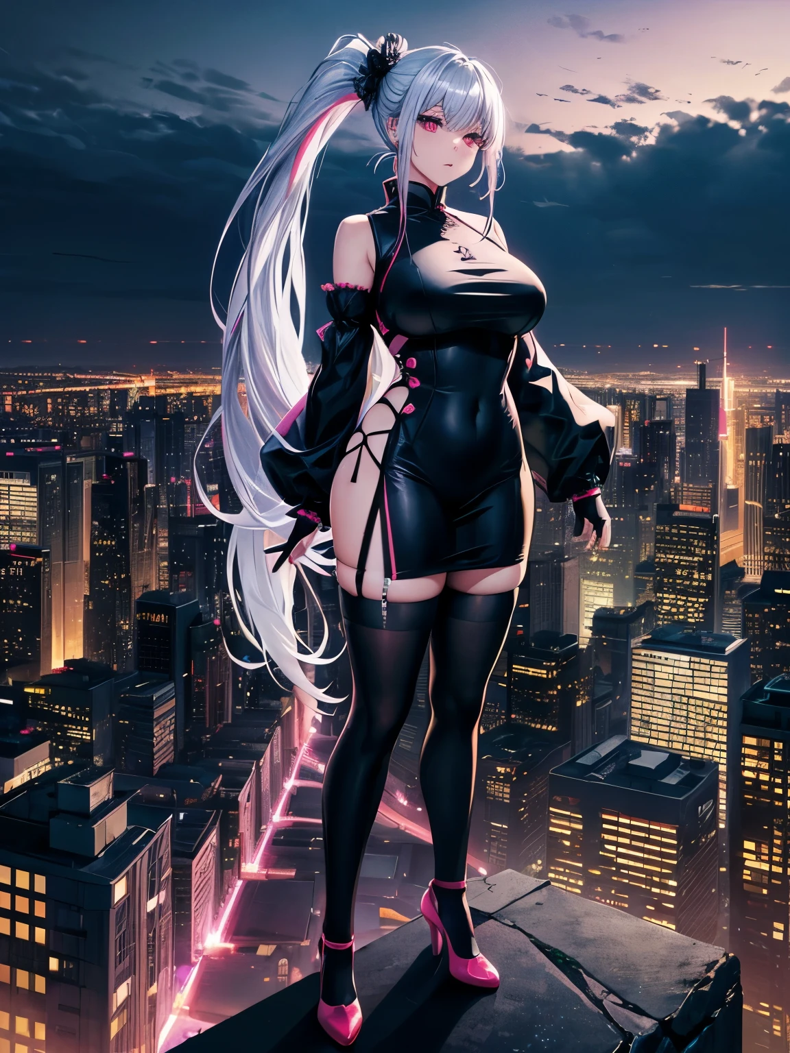 anime, (artwork, best quality, ultra-detailed, high contrast), 1 woman (Alone, full body, plus size body, standing on the edge of the skyscraper, silver hair, LONG In a ponytail, red eyes, perfect eyes ruby sparkles, (simple black qipao, black cybernetics with neon pink), transparent black socks), (skyscraper roof, overlooking a city, detailed background ((night time, Darkness, low light pollution)))