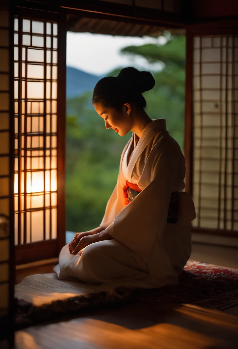 fotorrealista, sozinho, beautiful Japan woman, quimono tradicional, figura natural, sorriso suave, olhar impressionante, Penteado tradicional, Japanese room at dusk, sitting at the window, iluminado por luzes da cidade, (pose atraente), professional photographie, profundidade de campo rasa, retroiluminado,