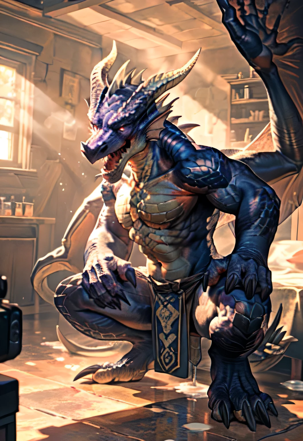 alone, (muscular), (male human dragon):1.3, bright scales, (Kamimay):1.3, (Common:1.4) (pray):1.23, (，wearing a short white loincloth）, exquisite eyes, lizard tail,a pair of dragon horns, a pair of dragon wings, (exquisite eyes，stripe，sharp claws，cute animal feet，Stick out your tongue，a careless person，Spilled liquid all over my body.，air leak under car body，Fluid leaking from the lower body，Milk spilled on the floor，shining eyes):1.1, (In my room:1.35), in the bedroom，Squatting on the bed，dim，be licked，enjoy，addicted， My face turned red.，color，submit，caress，drunk，laugh，enjoy，looking at camera，submit，It is interesting，detailed background，In reality，realistic hands，8k high dynamic range，（shadow，Wide dynamic range，high dynamic range，highlight：1.2）