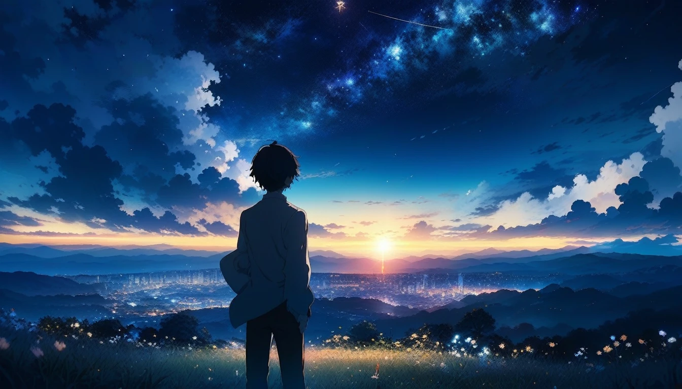 landscape of a masterpiece,Bloom light,anime key visual,Japanese animation style, high quality, attention to detail, shining starry sky, night sky, hilltop
Boy's back view, Blue impression