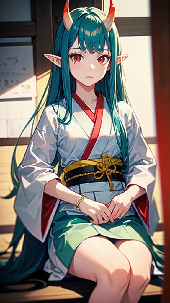 RAW, professional photograph, movie photograph, medium shot, Female elf, (((little yellow horns))), twenty years old, night, athletic body, soft facial features, long hair, straight hair, (((pacific cyan hair))), (((red eyes faded to yellow))), japanese female uniform, traditional japanese village, Realism, hyperrealism, ray tracing, high details, super detail, UHD, 8k