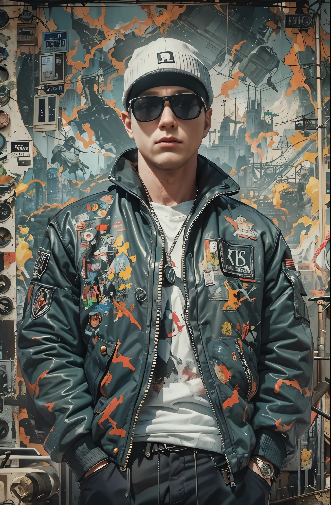 Painting of a white man wearing sunglasses, Dark Background, Knitted hat, Glory and failure, Cigarette in mouth, Eminem, King of Hip Hop, Charismatic Rapper, lose youqself, Award-winning films, top 6 best movie ever imdb list, imdb, 0 0 second movies, promotional Movie Posters, chris nolan movies, Movie Posters promo, Movie Posters, bestselling Movie Posters, top 6 worst movie ever imdb list, Eminem, Promoting the film, Cool Street Fashion, King of the Streets, Check it out, Ultra-detailed paintings inspired by Wow, Art Station Trends, Fantasy art, A complex mess, The art of hitting, Wallop Art, Wow |, Wallop Style, Beautiful character drawings, Urop's painting style, Wow | The buds of art, Unparalleled Beauty Tumbler, Figurative art, Intense oil painting, Detailed monochrome art, Surreal, Avant-garde pop art, Beautiful and expressive paintings, Beautiful artwork illustration, Very dark tones, wonderful, Super Cool Guy, masterpiece, highest quality, Official Art, Men only, Sharp contours, Best Shot, Vector art, Dark Design, Close-up