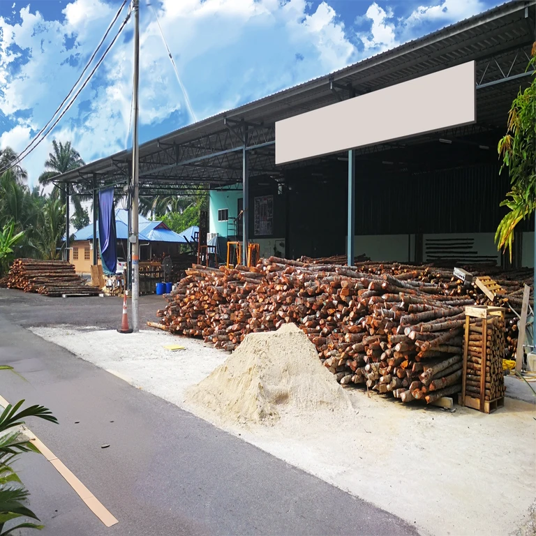 there is a pile of mangrove wood sitting on the side of the road, rendering of a log pile mangrove wood factory in Malaysia, tropical wood, center image, piled around, wood materials, leaked image, hut, dried mangrove trees, full image, market, backdrop, yard, clean post process, warehouse, typical, full trees, post-processed, market setting, coconuts, lot of trees