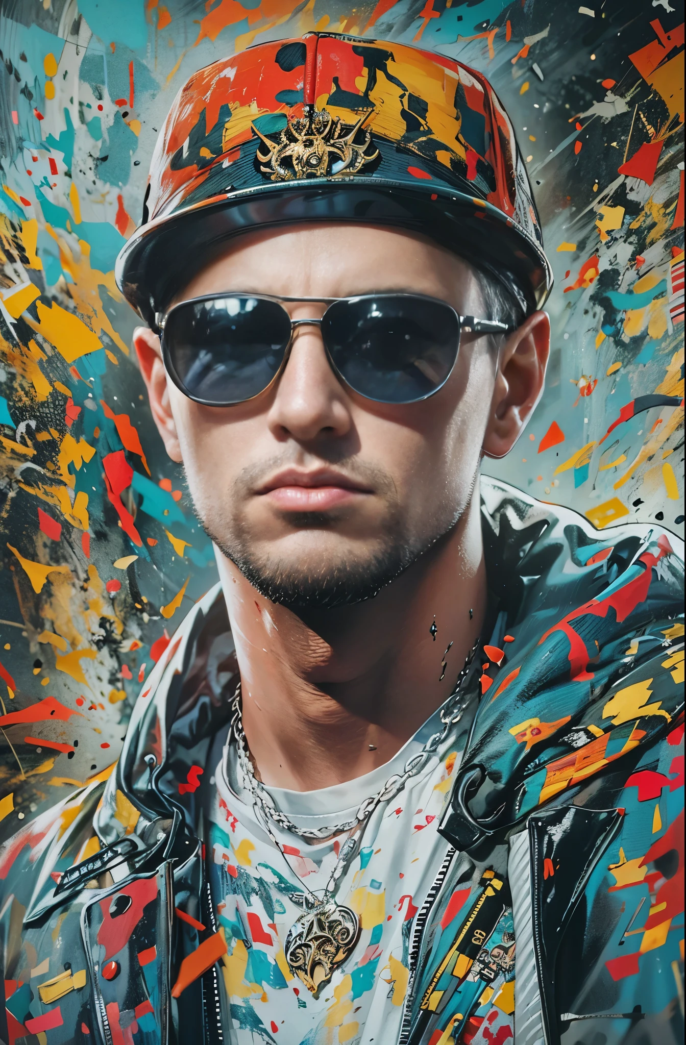 Painting of a white man wearing sunglasses, Eminem, King of Hip Hop, Charismatic Rapper, lose youqself, Cool Street Fashion, King of the Streets, Check it out, Ultra-detailed paintings inspired by Wow, Art Station Trends, Fantasy art, A complex mess, The art of hitting, Wallop Art, Wow |, Wallop Style, Beautiful character drawings, Urop's painting style, Wow | The buds of art, Unparalleled Beauty Tumbler, Figurative art, Intense oil painting, Detailed monochrome art, Surreal, Avant-garde pop art, Beautiful and expressive paintings, Beautiful artwork illustration, Very dark tones, wonderful, Cool Guy, masterpiece, highest quality, Official Art, Men only, Sharp contours, Best Shot, Vector art, By Sandra Chevrier, Dave McKean、Richard Avedon、By Makiej Kusiala, Dark Design, Close-up