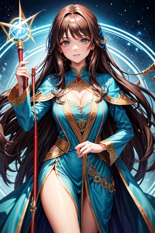  30 year old woman long brown hair blue clothes magician costume holding a magic staff