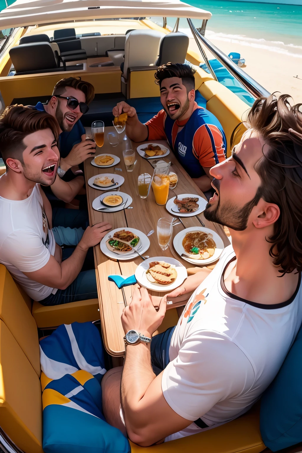 Un grupo de hombres adinerados teniendo una fiesta en un yate, pov: lejos desde una playa