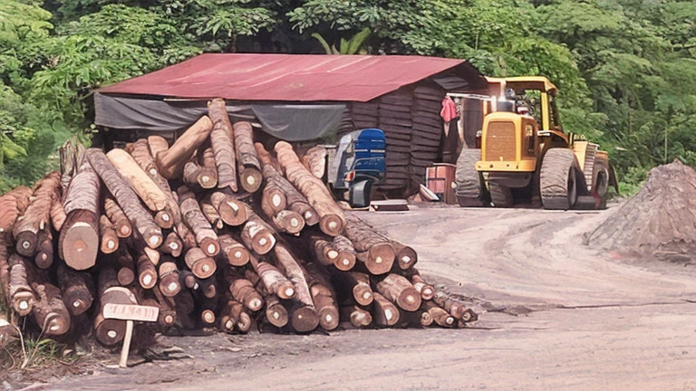 road with a load of logs, wooden logs, forestry, tropical wood, deforestation, jungle clearing, wood materials, photo taken in 2 0 2 0, but is mostly wood, rendering of log pile factory, piled around, a wooden, working hard, wooden structures, extremely intricate, huge tree trunks, wood, tawa trees, Malaysia jungle, 2D animation background art