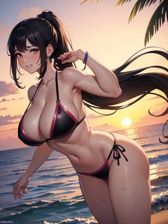 ((masterpiece, best quality, highest quality, ultra-detailed, 32K cg wallpaper, high resolution)), 1 woman,black hair,brown eye,long ponytail hair,swept bangs,gigantic breasts,smile,parted lips,pink plunging swimwear,standing,from behind,open legs,sweat,beach side,sunset,