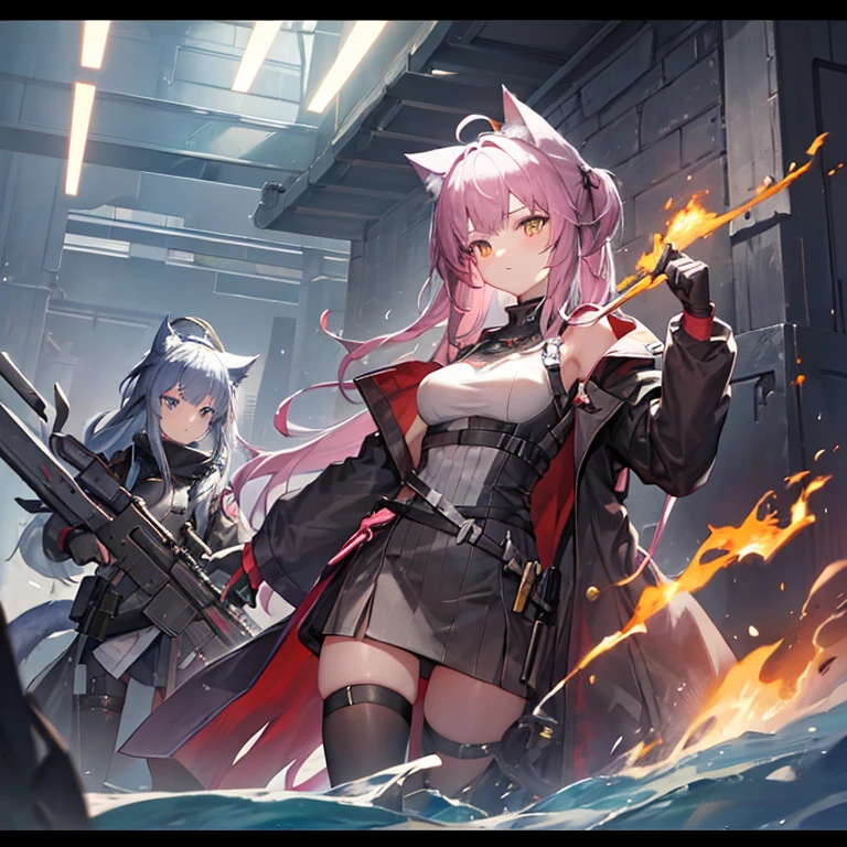 Need to create a single character image，The style is similar to the character portraits of the mobile game Arknights，Race is the film in the game，From the in-game country Victoria，Occupation is the intelligence unit of the country in the game Gray Hat。Age 18 years，Height 1.5 meters。She is a cat girl ****，The hair is pink，Petite and cute，But there is great power hidden under the dark uniform，Good appearance，There is a murderous atmosphere，But the walking posture is a bit silly。She wears combat gloves on both hands，There is a grey top hat on his head，However, cat ears can be seen by people without being blocked.。The weapon you hold can be either melee or ranged.。