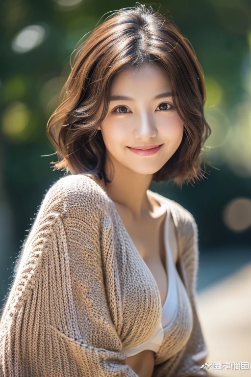 (masterpiece:1.3), (8k, Photorealistic, Raw photo, Best image quality: 1.4), Japanese 、(Random Hairstyles:1.2)、Cleavage:1.2、Super detailed face、Attention to detail、double eyelid、Put your chest together、Sharp focus:1.2、Beautiful woman:1.4、Light brown hair、highest quality、masterpiece、超A high resolution、(Photorealistic:1.4)、Highly detailed and professionally lit smile、Loose, lightweight knitwear、Shoulder out、thin、Serious expression、Short-haired、Deadly position