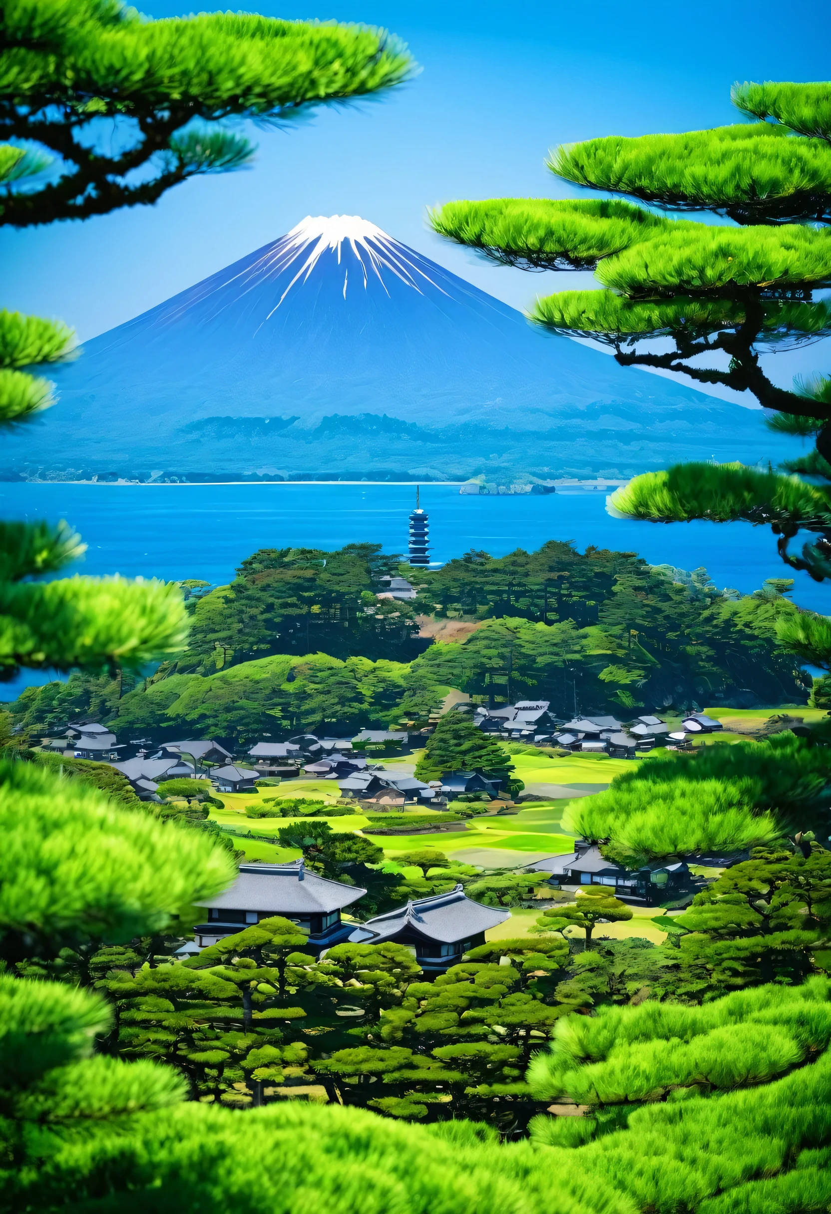 There is a small island with a tower on top, beautiful iwakura, Japan Travel and Tourism, Japanese Landscape, Japanese Nature, Chiba Prefecture, Ancient Japanese architecture, lush Japanese Landscape, Japanese village in the background, There is a pine tree, Japan Tourism, Japanese countryside, Heroine Japan Vivid scenery, torii in the background
