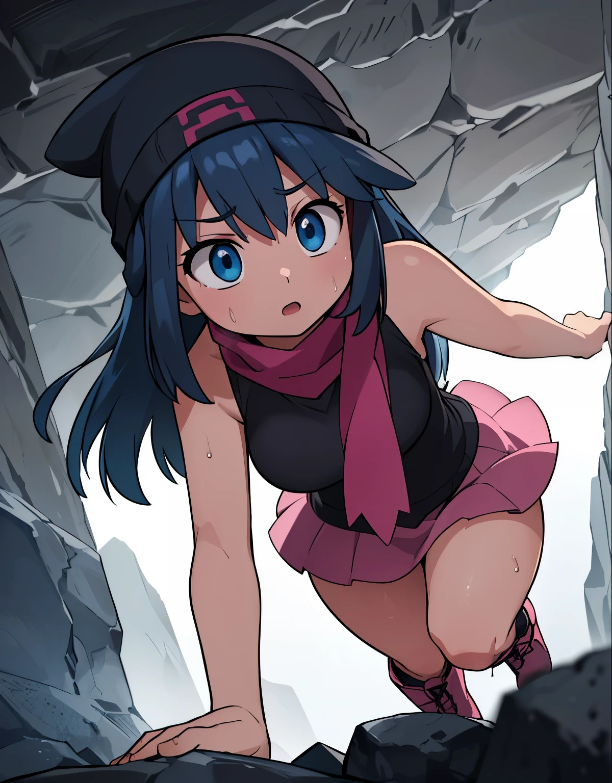 (best quality,4k,highres),(realistic:1.37),(dark,moody:0.9),(intense,high-contrast:1.1),(dramatic lighting,shadowysterious atmosphere),dawn \(pokemon\), beanie, long hair, blue hair, blue eyes, black sleeveless shirt, pink scarf, pink skirt, pink boots, white panties, body shape, chubby thighs, thick thigh,(beautiful detailed eyes,long eyelashes:1.1),(filthy,clothing tearing),(sweat,heavy breathing),(trembling body),(urgent,panic-stricken),(desperate escape),(damp walls,rough texture),(massive boulder:1.2),(colorful fragments,flying in the air),(danger,disaster:1.1),(trapped,enclosed space),(fear,terror),(ominous presence),(echoing sound),(heart-pounding),(blurry motion effect),(narrow passage,limited visibility),(tension,suspense:1.1),(drenched in darkness),(dynamic composition),(determined expression),(uneven terrain),(moss-covered rocks),(fearful gaze),(eerie silence),(adventure,thriller),(sudden tilt,angled perspective),(crawling in shadows),(intense action),(arduous escape),(precise lighting),(subtle hint of hope),(adrenaline rush),(chasing scene),(glimpse of light at the end),(faint echoes),(emerging from darkness),(sudden relief),(strength,agility),(quick reflexes),(pulsating energy),(cave exploration),(skilled dodge),(flickering light),(intense pursuit),(breathtaking tension)