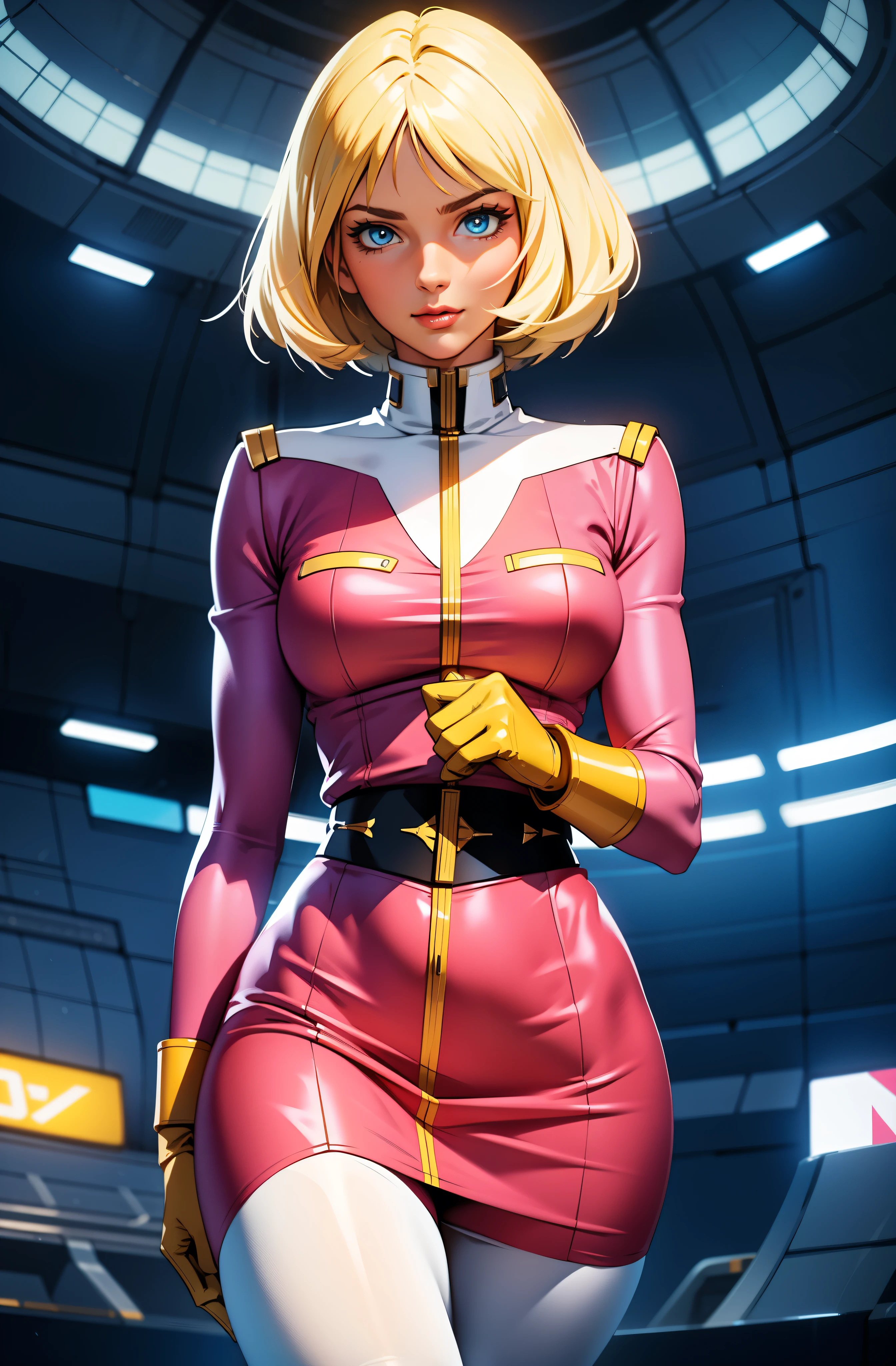 ((masterpiece)), ((cinematic lighting)), realistic photo、Real Images、Top image quality、1girl in, sayla mass, Elegant, masterpiece, Convoluted, slim arms, wide hips, thick thighs, thigh gaps, Best Quality, absurderes, high face detail, Perfect eyes, mature, Cowboy Shot, , Vibrant colors, soft pink uniform, soft pink Skirt, white tights