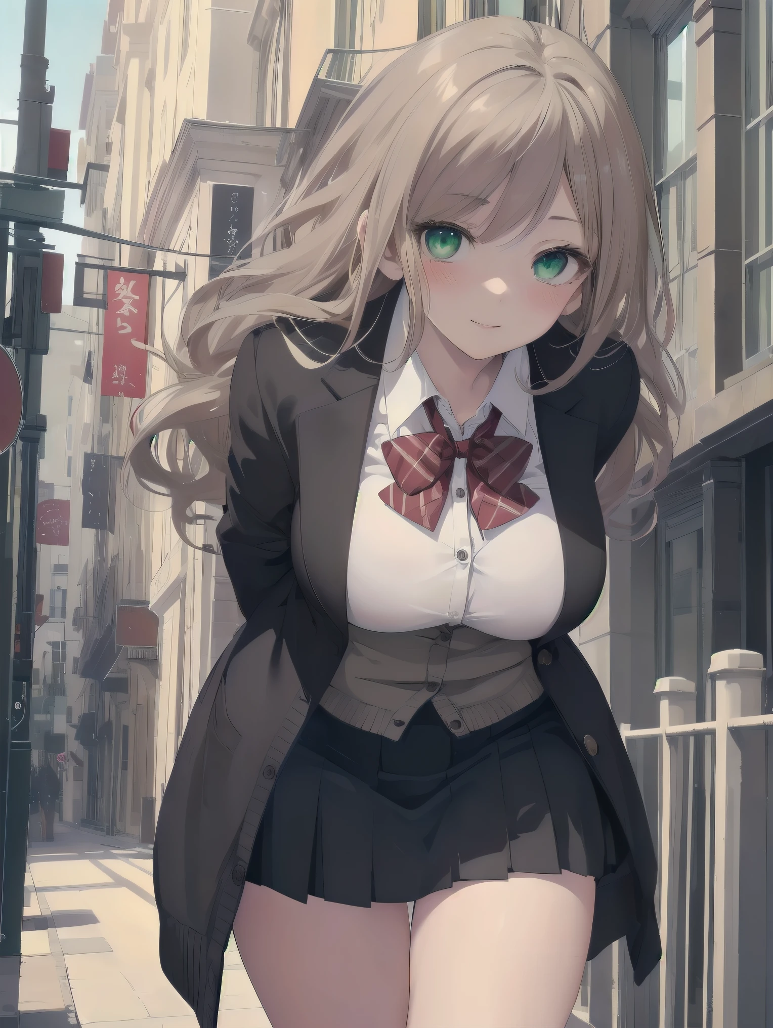 ((Tabletop, highest quality, High resolution, Perfect Pixel, Depth of written boundary, 4K))), One Girl, single, alone, Beautiful Anime Girls, Beautiful art style, Anime characters, ((Long Hair, bangs, Dark brown hair, Curly Hair:0.8)), ((Green Eyes:1.4, Fine grain, Beautiful Eyes, Perfect Eyes,Curled eyelashes, Realistic eyes)), ((Detailed face, Blushing:1.2)), ((Smooth texture:0.75, Realistic texture:0.5, Anime CG Style)), Huge breasts filled with a lot of fat, Dynamic Angle, Big Breasts, Perfect body, Dynamic pose, ((Red bow tie, , Black jacket, Open jacket, Brown cardigan, White shirt, Black Skirt, Checked skirt)), smile, Open your mouth, Put your arms behind your back, Leaning forward, Amalment Park
