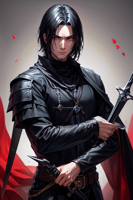 black-haired man in black medieval assassin costume with two daggers in his hands
