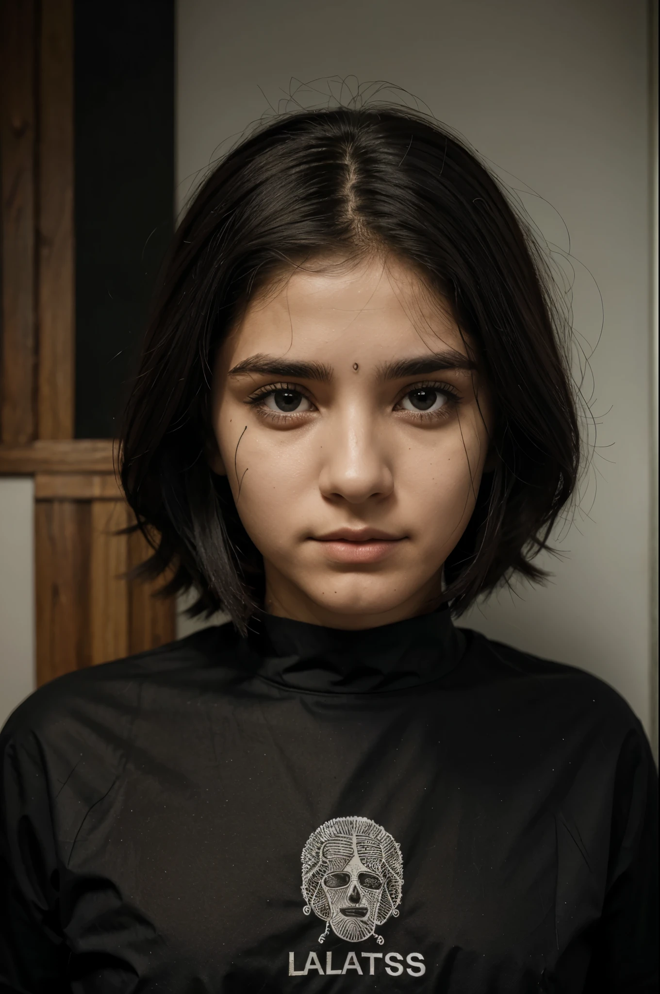 Garota de 13 anos, cabelos curtos enrolados brancos, olhos brancos, has black drawings on his body and wears a laboratory experiment outfit 