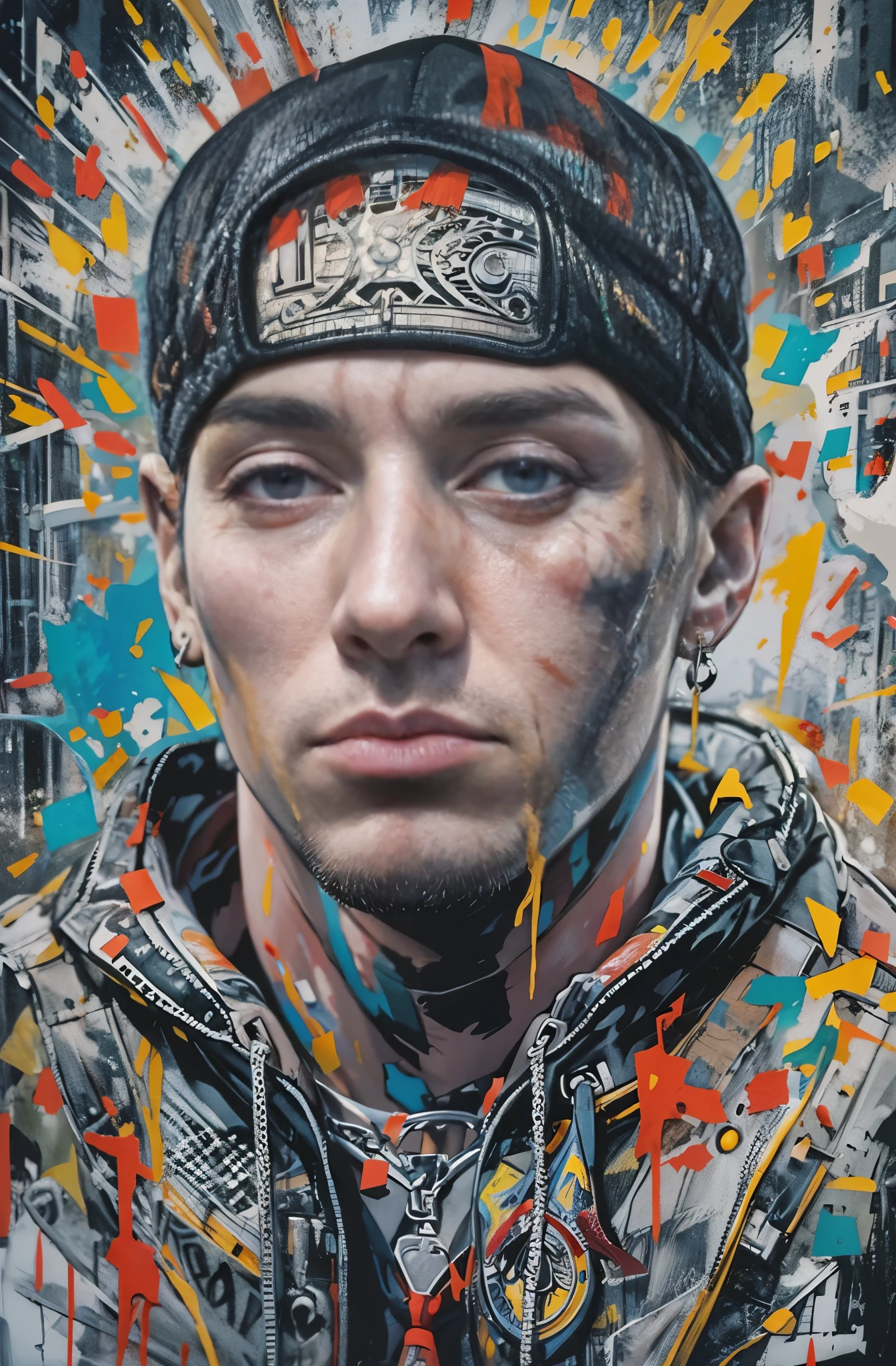 White man painting, Eminem, King of Hip Hop, Charismatic Rapper, lose youqself, Cool Street Fashion, King of the Streets, check it out, Chop the lime, The best pose, Ultra-detailed paintings inspired by Wow, Art Station Trends, Fantasy art, A complex mess, The art of hitting, Wallop Art, Wow |, Wallop Style, Beautiful character drawings, Urop's painting style, Wow | The buds of art, Unparalleled Beauty Tumbler, Figurative art, Intense oil painting, Detailed monochrome art, Watercolor splash, Surreal, Avant-garde pop art, Beautiful and expressive paintings, Beautiful artwork illustration, Very dark tones, wonderful, Cool Guy, masterpiece, highest quality, Official Art, Men only, Sharp contours, Best Shot, Vector art, By Sandra Chevrier, Dave McKean、Richard Avedon、By Makiej Kusiala, Dark Design