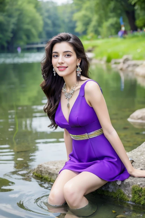 8K, ultra hd, masterpiece, very realistic, 1 girl, good face, very long hair, detailed eyes, detailed lips, super round medium breasts, Short Strapless Tulle Beads Prom Dress Green Mini Elegant 3D Flowers, ((pink,red,blue,black,green,meroon,purple,yellow colour random dress)), ((High resolution Dress Quality)), diamonds, jewellery, necklace, earring, lake, landscape, sitting, Bridge, Forest , standing in lake water , legs in water, Pine trees , Perfect body figure, Beautiful Smile, Cinematic photography, Sexy angles, Stylish poses, 4 Different poses, k , high resolution picture quality, very clear body figure, Flowers in hand, Flowers on Hair, walking in water, waterfalls