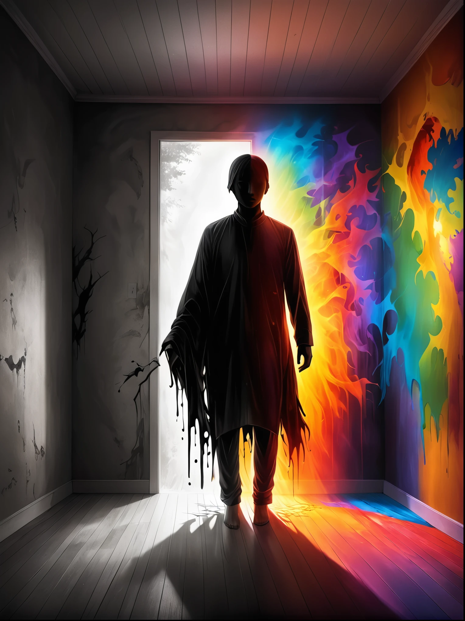 An eerie and surreal visual interpretation of an individual's dark side, Display a human silhouette, ambiguous in gender and race, emerging from a dimly lit room, Half of the silhouette is vibrant, filled with warm colors denoting positivity, joy, and life. The other half is in stark contrast, filled with dark colors, symbols of pain, chaos and negative emotions, Please depict a balanced juxtaposition between these contrasting elements, illustrating the essence of human nature with both its light and dark aspects