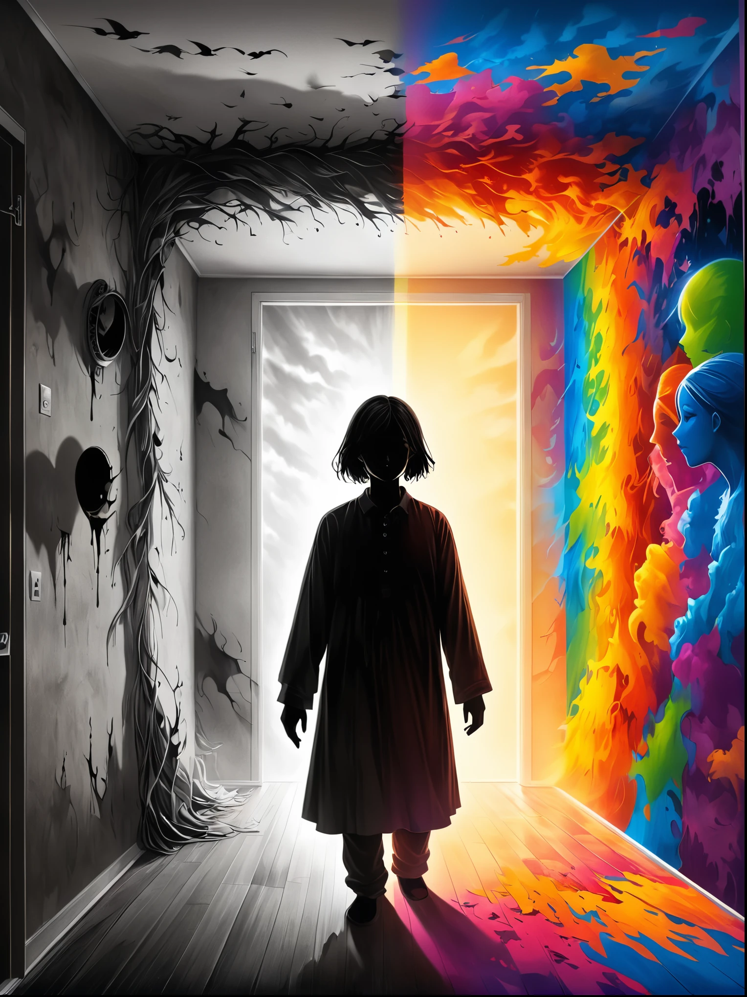 An eerie and surreal visual interpretation of an individual's dark side, Display a human silhouette, ambiguous in gender and race, emerging from a dimly lit room, Half of the silhouette is vibrant, filled with warm colors denoting positivity, joy, and life. The other half is in stark contrast, filled with dark colors, symbols of pain, chaos and negative emotions, Please depict a balanced juxtaposition between these contrasting elements, illustrating the essence of human nature with both its light and dark aspects