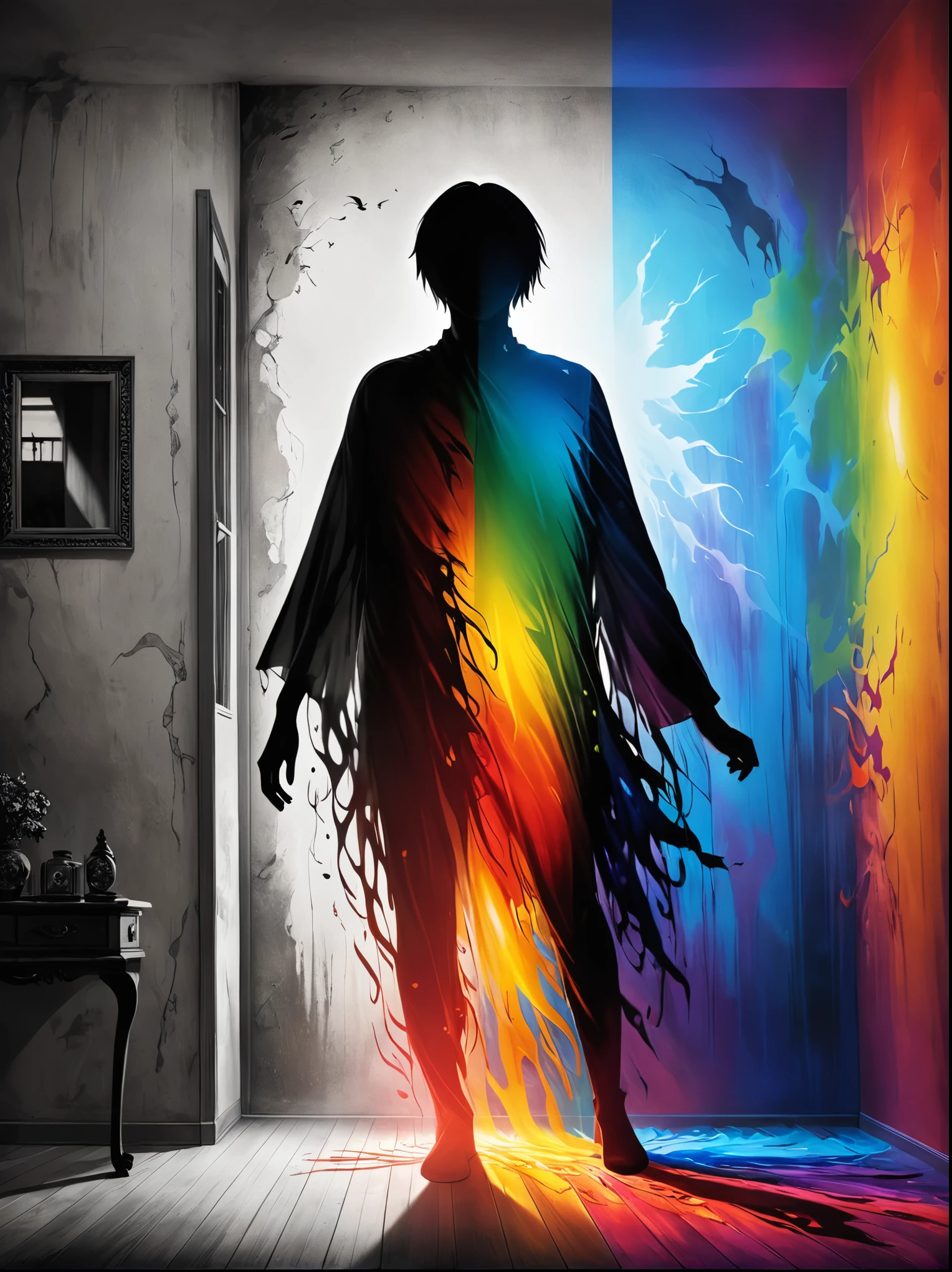 An eerie and surreal visual interpretation of an individual's dark side, Display a human silhouette, ambiguous in gender and race, emerging from a dimly lit room, Half of the silhouette is vibrant, filled with warm colors denoting positivity, joy, and life. The other half is in stark contrast, filled with dark colors, symbols of pain, chaos and negative emotions, Please depict a balanced juxtaposition between these contrasting elements, illustrating the essence of human nature with both its light and dark aspects