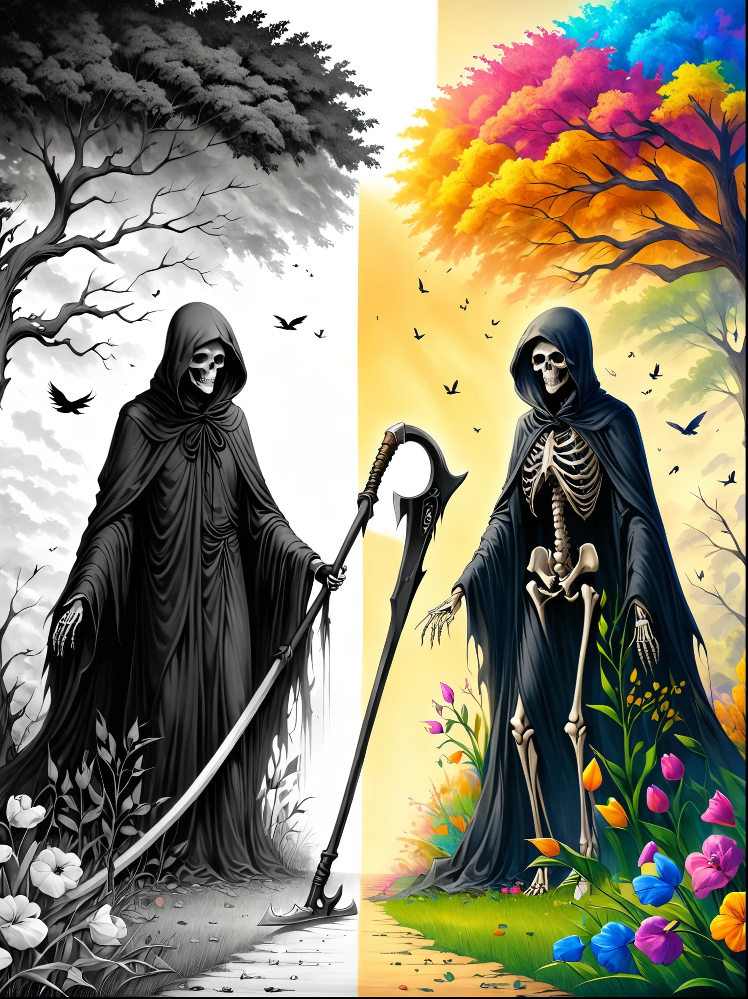 Imagine a dark, imposing figure of the Grim Reaper characterized by its skeletal frame, eerie hooded cloak, and large, wicked scythe, gradually transitioning into vibrant depictions of life. Initially, the shroud transforms into green leaves, the skeletal framework converts into a robust tree trunk, the bony fingers holding the scythe sprout into an array of flowers, and the scythe blade turns into a bird in flight. The metallic touch of death is replaced by the warm hues of life, creating a powerful portrayal of mortality and rejuvenation, 1hbgd1, (The work should transition from the black and white pencil drawing style on the left half to the bright colors on the right half, ensuring that the two halves blend seamlessly without any dividing lines. Shown with detailed black and white pencil strokes on the left and filled color on the right, creating a harmonious blend throughout the image)