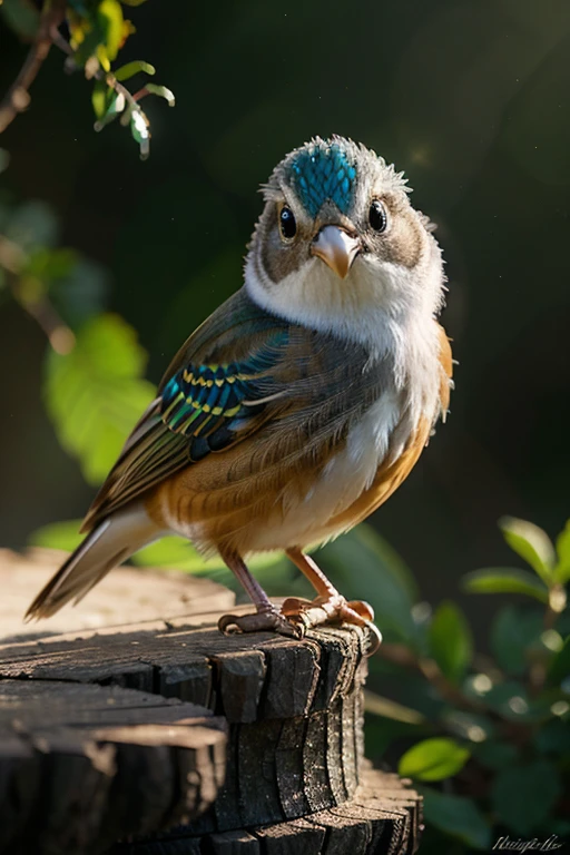 Beautiful little bird, adorable, fantasy, perched, sparkling, crisp detail, hyperrealism, cute, gorgeous, colorful, magical, dynamic lighting