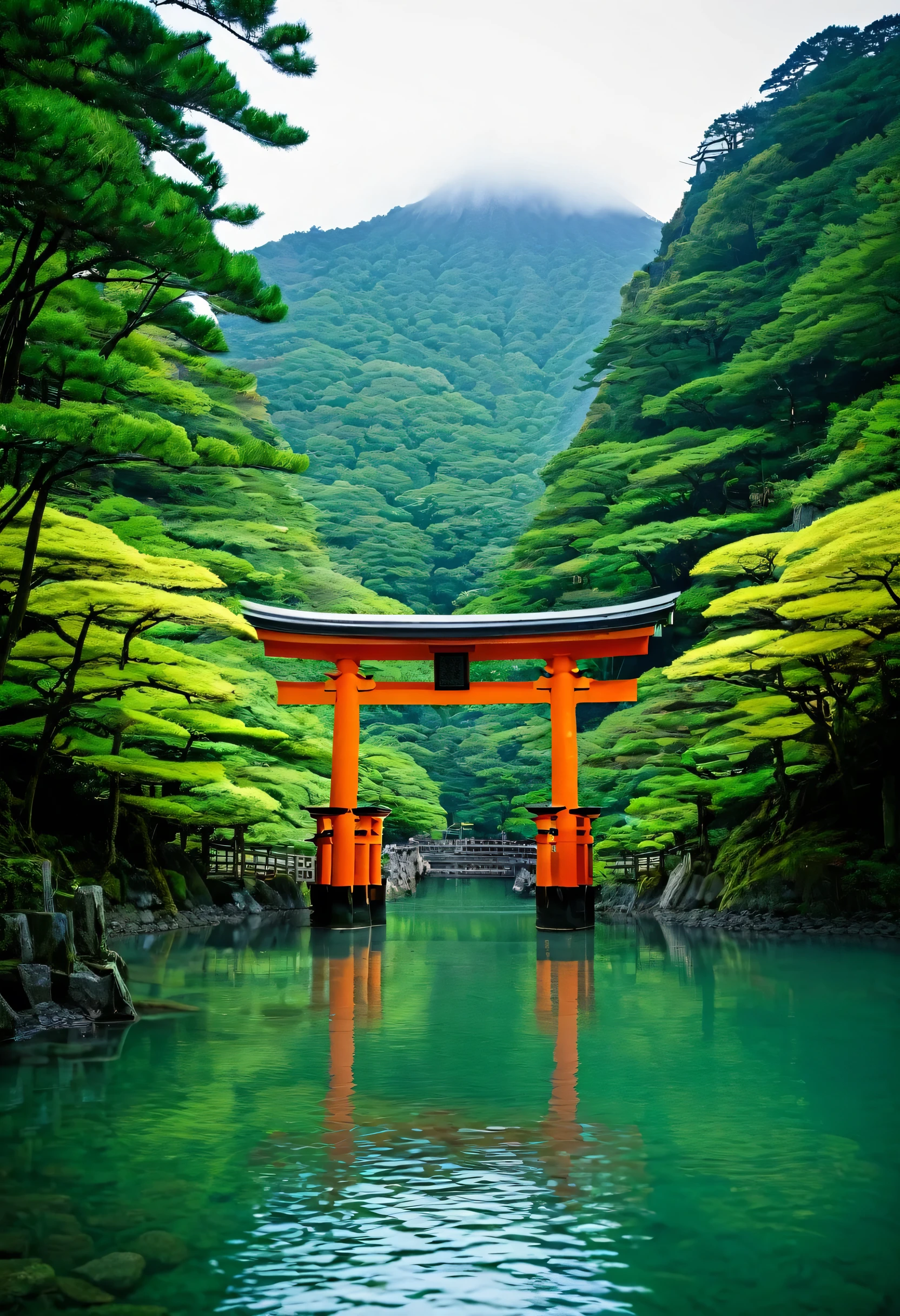 Arafed Toli Tri Gate in the middle of the water body, japanese torii in a moutain, Japan Travel and Tourism, Japan Deeper Journey Exploration, centered torii gate, torii gate, torii, Japanese Shrines, torii in the background, Inspired by torii Kiyomasu, inspired by Torii Kiyomoto, Japan Travel and Adventure