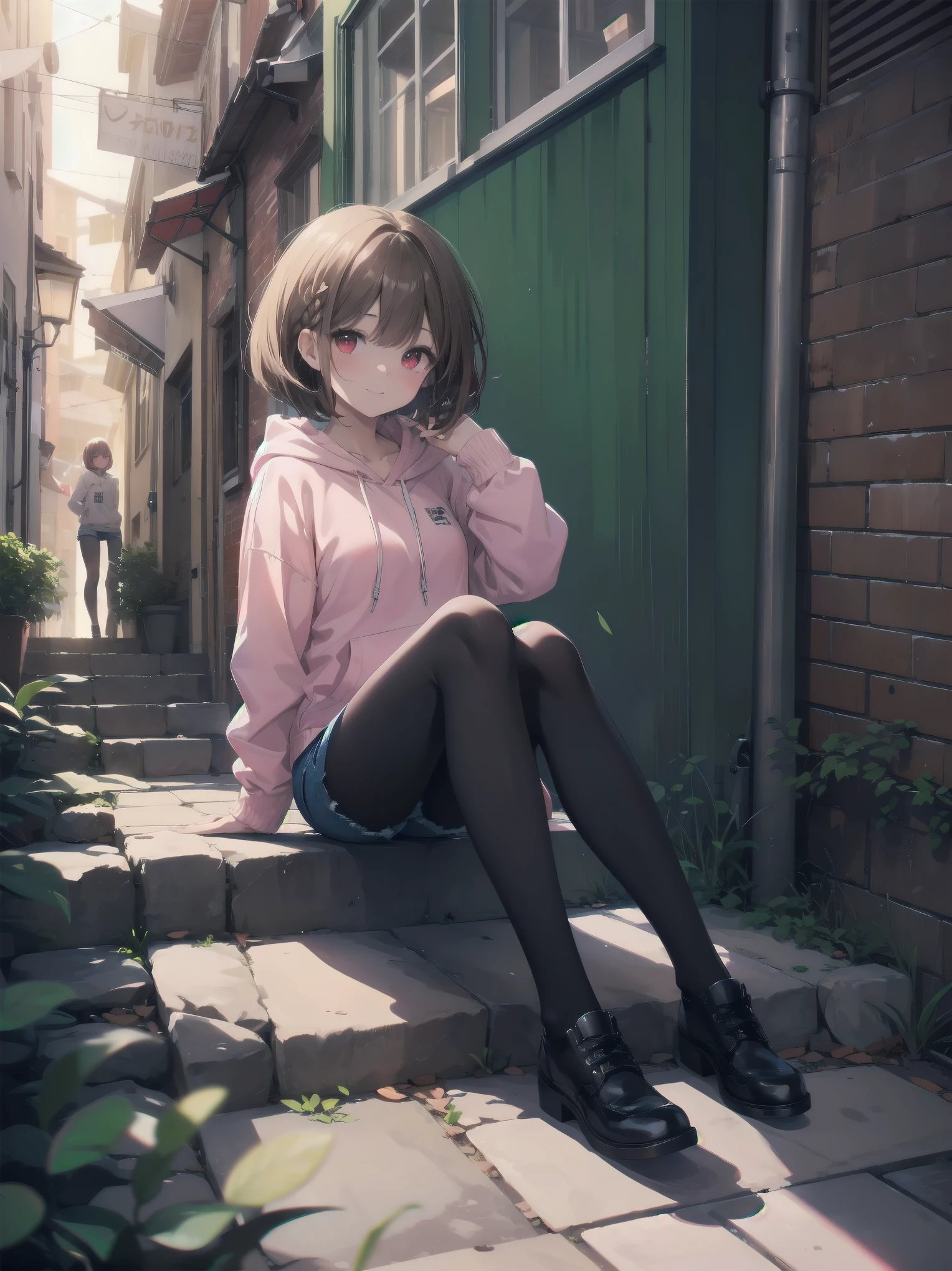 masterpiece, highest quality,Shiny,Abuse of chromatic aberration,pastel colour,whole body,Wide Shot,Perfect Eyes、
One girl,alone, ,Bob cut braids,Red eyes,Brown Hair,smile,
View your viewers,Immature girl,
architecture,wood,alley,Cobblestones,Sitting, with own hands,
Pink hoodie, Black pantyhose,Denim shorts