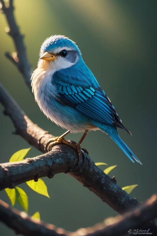 Beautiful little bird, adorable, fantasy, perched, sparkling, crisp detail, hyperrealism, cute, gorgeous, colorful, magical, dynamic lighting