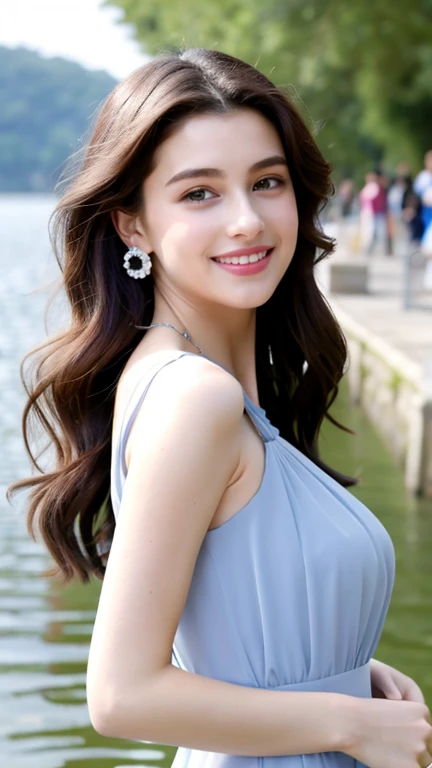 8K, ultra hd, masterpiece, very realistic, 1 girl, good face, very long hair, detailed eyes, detailed lips, super round medium breasts, Short Strapless Tulle Beads Prom Dress Green Mini Elegant 3D Flowers, ((pink,red,blue,black,green,meroon,purple,yellow colour random dress)), ((High resolution Dress Quality)), diamonds, jewellery, necklace, earring, lake, landscape, knees in water, Bridge, Forest , standing in lake water, Pine trees , Perfect body figure, Beautiful Smile, Cinematic photography, Sexy angles, Stylish poses, 4 Different poses, 64k , high resolution picture quality, very clear body figure, Flowers in hand, Flowers on Hair, walking in water, waterfalls
