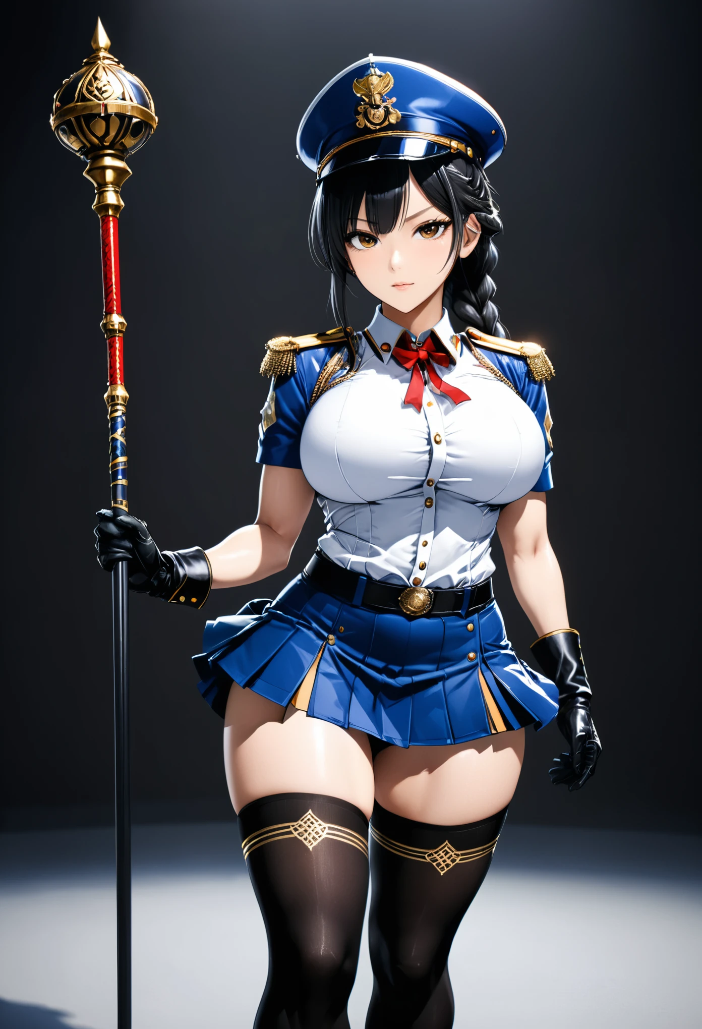 (Anime style artist by Jaehyo Lee:0.3),Rendering,Unreal Engine,octane lundrin,in style of Takeshi Obata,high res image,cowboy shot,masterpiece,best quality,ripe.c,girl,big breasts,cute face,simple background,jyojifuku,marching,uniforms,white shirt,hat,boots,gloves,epaulettes,skirt,vivid color,solo,ritual staff,ribbon,
braided bangs,slim body shape,exercise regularly,(stockings:1.7),muscle-based,thick_thighs,chest chain,