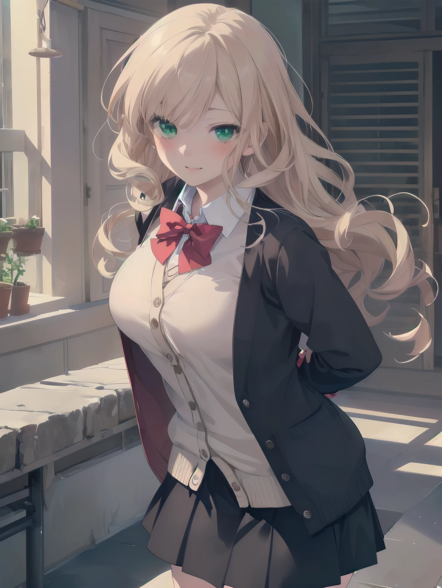 ((Tabletop, highest quality, High resolution, Perfect Pixel, Depth of written boundary, 4K))), One Girl, single, alone, Beautiful Anime Girls, Beautiful art style, Anime characters, ((Long Hair, bangs, Dark brown hair, Curly Hair:0.8)), ((Green Eyes:1.4, Fine grain, Beautiful Eyes, Perfect Eyes,Curled eyelashes, Realistic eyes)), ((Detailed face, Blushing:1.2)), ((Smooth texture:0.75, Realistic texture:0.5, Anime CG Style)), Huge breasts filled with a lot of fat, Dynamic Angle, Big Breasts, Perfect body, Dynamic pose, ((Red bow tie, , Black jacket, Open jacket, Brown cardigan, White shirt, Black Skirt, Checked skirt)), smile, Open your mouth, Put your arms behind your back, Leaning forward, Amalment Park
