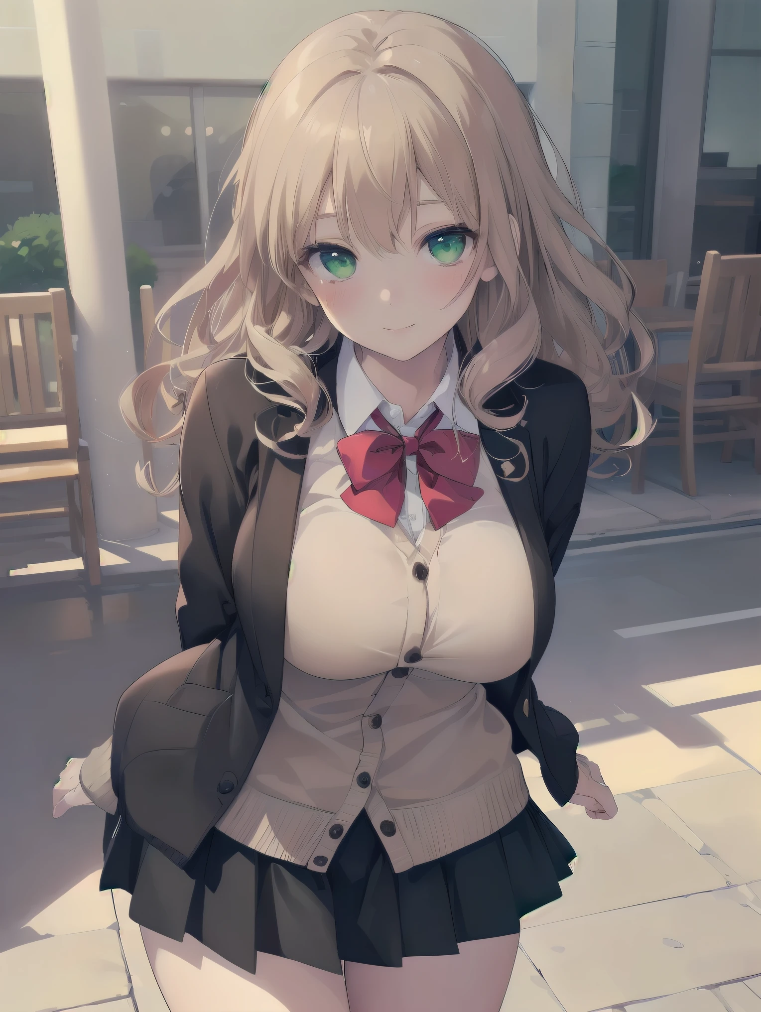 ((Tabletop, highest quality, High resolution, Perfect Pixel, Depth of written boundary, 4K))), One Girl, single, alone, Beautiful Anime Girls, Beautiful art style, Anime characters, ((Long Hair, bangs, Dark brown hair, Curly Hair:0.8)), ((Green Eyes:1.4, Fine grain, Beautiful Eyes, Perfect Eyes,Curled eyelashes, Realistic eyes)), ((Detailed face, Blushing:1.2)), ((Smooth texture:0.75, Realistic texture:0.5, Anime CG Style)), Huge breasts filled with a lot of fat, Dynamic Angle, Big Breasts, Perfect body, Dynamic pose, ((Red bow tie, , Black jacket, Open jacket, Brown cardigan, White shirt, Black Skirt, Checked skirt)), smile, Open your mouth, Put your arms behind your back, Leaning forward, Amalment Park