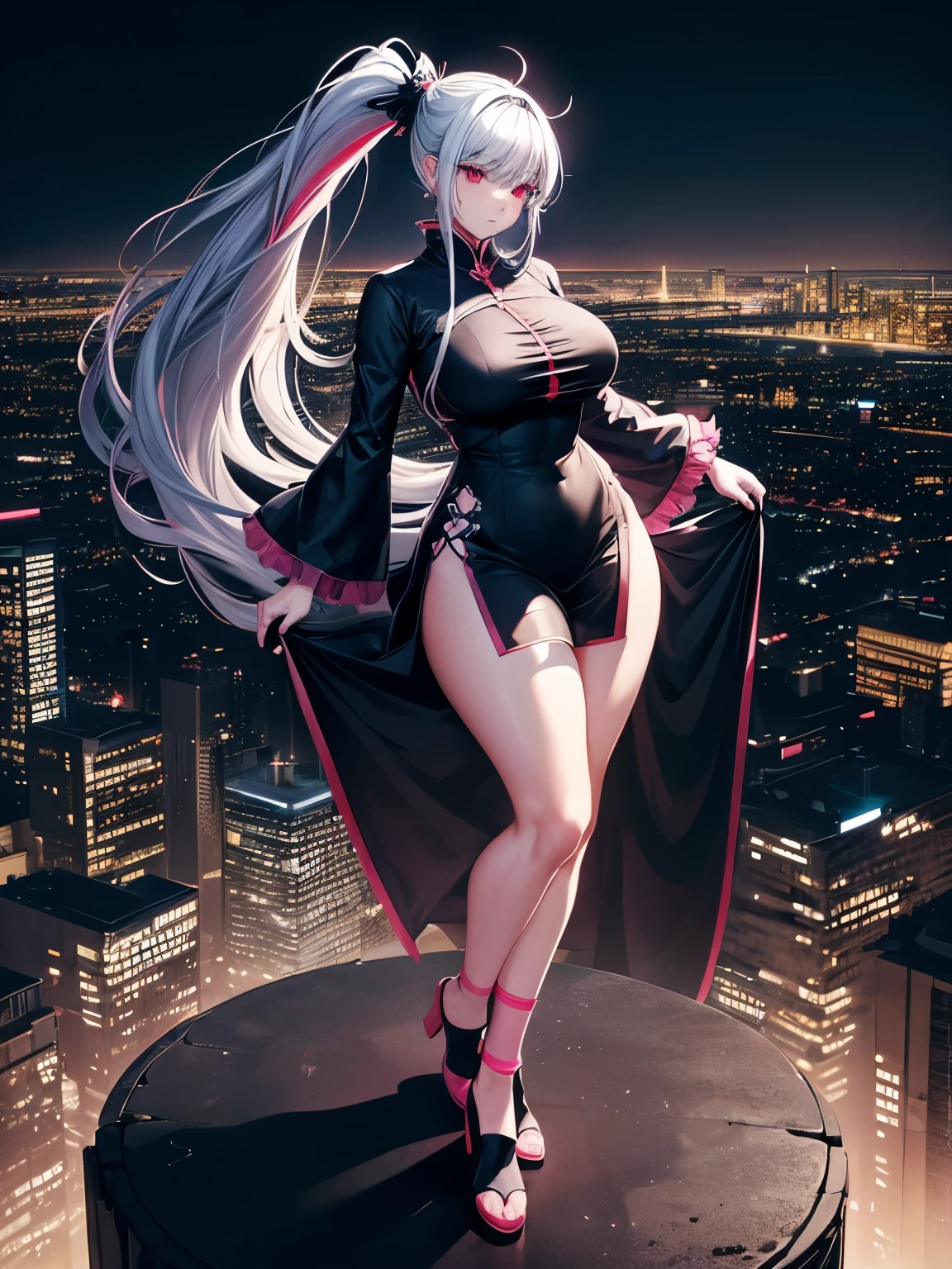anime, (artwork, best quality, ultra-detailed, high contrast), 1 woman (Alone, full body, plus size body, standing on the edge of the skyscraper, silver hair, LONG In a ponytail, red eyes, perfect eyes ruby sparkles, (simple black qipao, black cybernetics with neon pink), transparent black socks), (skyscraper roof, overlooking a city, detailed background ((night time, Darkness, low light pollution)))