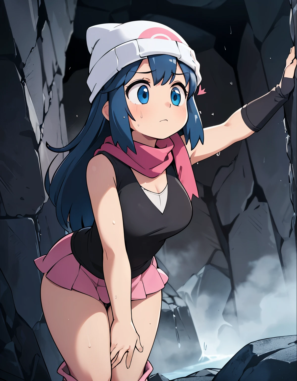 (best quality,4k,highres),(realistic:1.37),(dark,moody:0.9),(intense,high-contrast:1.1),(dramatic lighting,shadowysterious atmosphere),dawn \(pokemon\), beanie, long hair, blue hair, blue eyes, black sleeveless shirt, pink scarf, pink skirt, pink boots, white panties, body shape, chubby thighs, thick thigh,(beautiful detailed eyes,long eyelashes:1.1),(filthy,clothing tearing),(sweat,heavy breathing),(trembling body),(urgent,panic-stricken),(desperate escape),(damp walls,rough texture),(massive boulder:1.2),(colorful fragments,flying in the air),(danger,disaster:1.1),(trapped,enclosed space),(fear,terror),(ominous presence),(echoing sound),(heart-pounding),(blurry motion effect),(narrow passage,limited visibility),(tension,suspense:1.1),(drenched in darkness),(dynamic composition),(determined expression),(uneven terrain),(moss-covered rocks),(fearful gaze),(eerie silence),(adventure,thriller),(sudden tilt,angled perspective),(crawling in shadows),(intense action),(arduous escape),(precise lighting),(subtle hint of hope),(adrenaline rush),(chasing scene),(glimpse of light at the end),(faint echoes),(emerging from darkness),(sudden relief),(strength,agility),(quick reflexes),(pulsating energy),(cave exploration),(skilled dodge),(flickering light),(intense pursuit),(breathtaking tension)